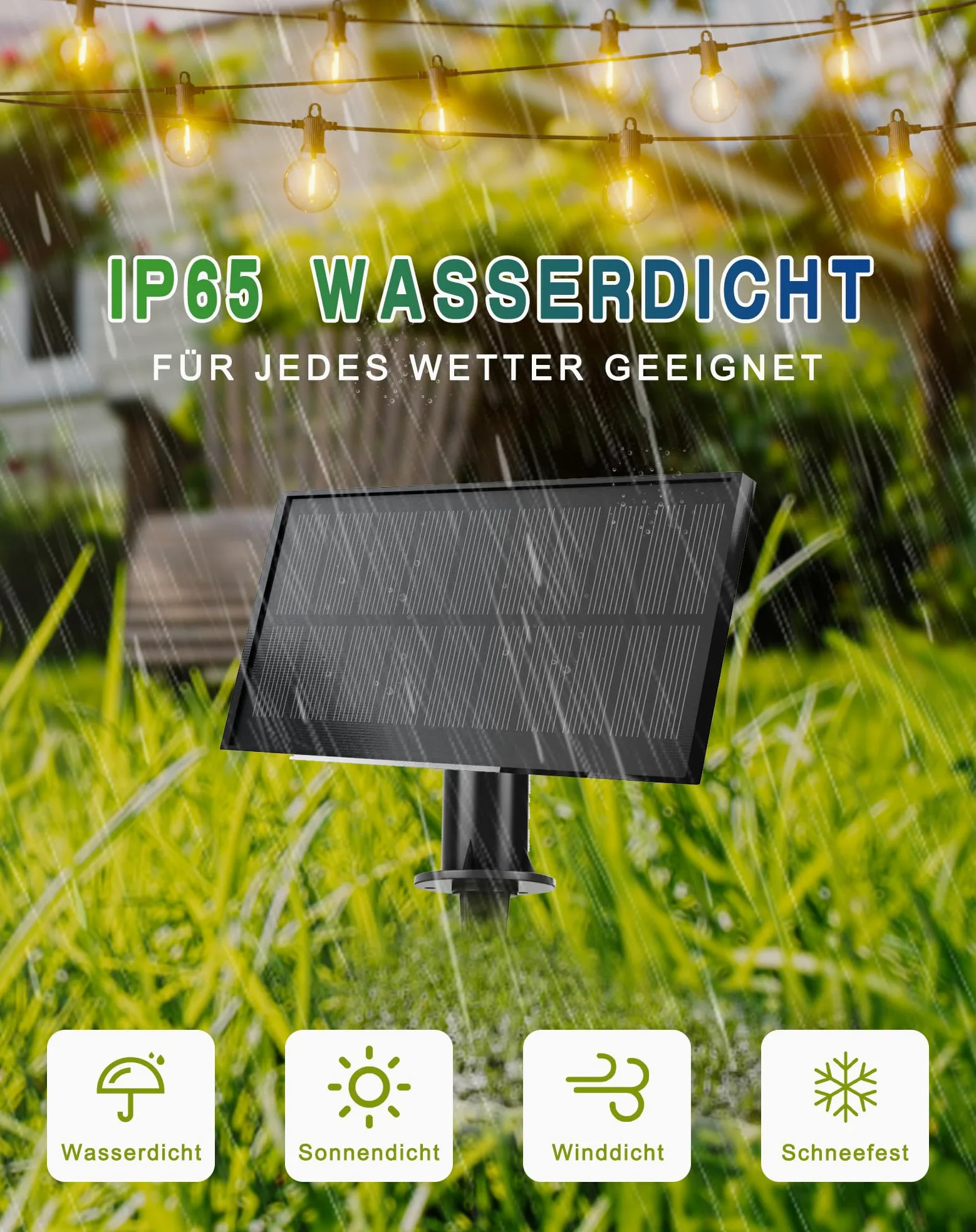 Zuske Solarny łańcuch świetlny na zewnątrz, 15 m, wodoszczelny, z 25 + 2 żarówkami G40, 5 trybów pracy, wodoszczelność IP65, solarny łańcuch świetlny do użytku na zewnątrz, do ogrodu, na taras, balkon