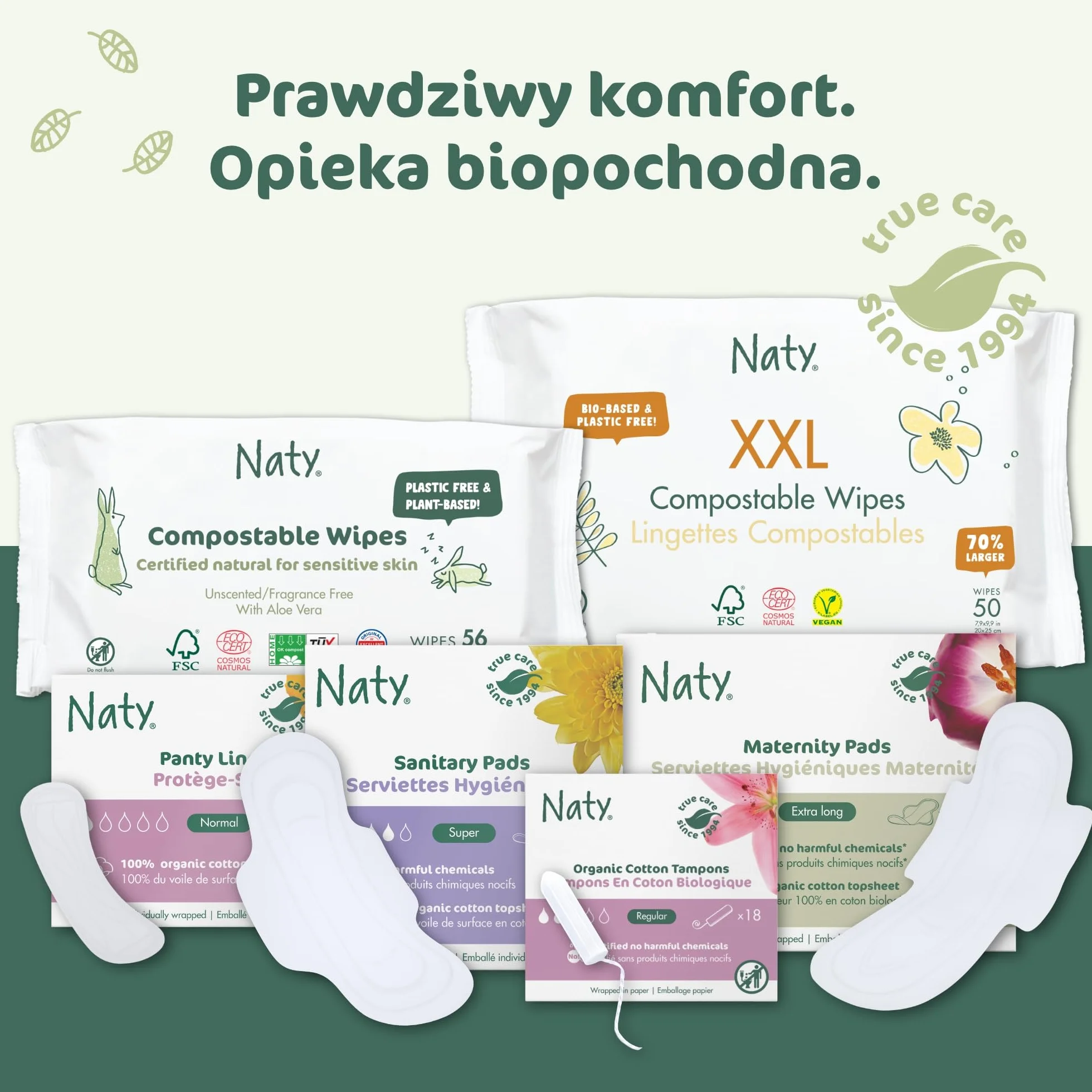 Naty Podpaski Super ze skrzydełkami | 100% certyfikowana organiczna bawełna przy skórze | Certyfikowane bezpieczne dla skóry | Bez perfum, 0% konwencjonalnego plastiku | Ochrona chłonna | 12 sztuk