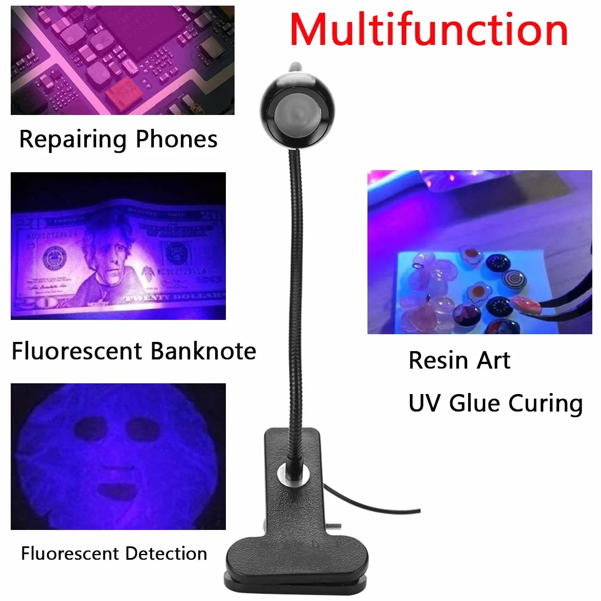 Fioletowa lampa świetlna, wielofunkcyjna, zasilana przez USB, 3 W, lampa klejąca UV z klipsem i przełącznikiem, elastyczne lampy na biurko 360°, do paznokci żelowych UV, naprawy PCB,