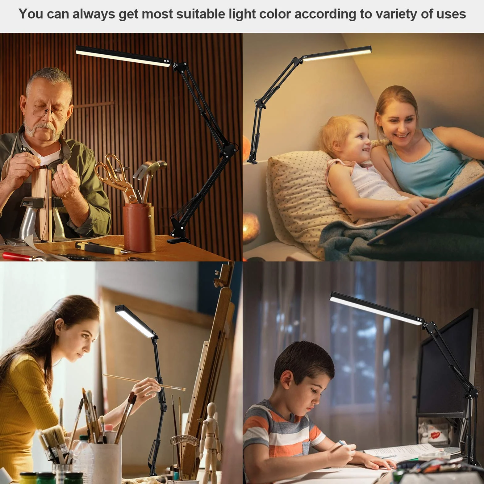 SKYLEO Lampka Biurkowa LED z Klipsem - Lampka LED Chroniąca Oczy - Regulowane Pod Wieloma Kątami światło Robocze - 3 Tryby świecenia X 10 Poziomów Jasności - Czarna