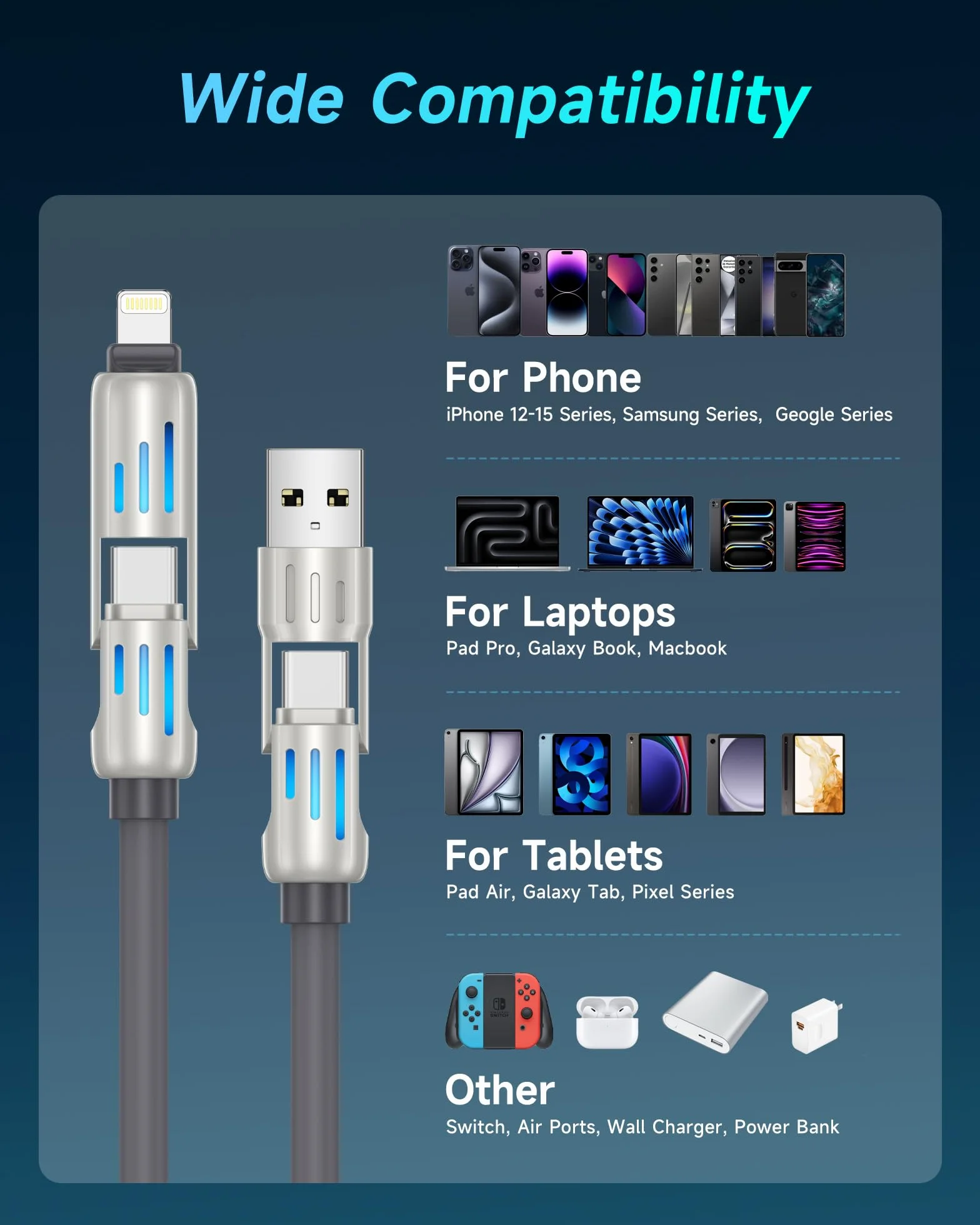 RAVIAD Multi kabel USB 4 w 1, uniwersalny kabel do ładowania [3M] 240 W, USB do szybkiego ładowania z oświetleniem RGB LED, USB C/USBA na Lightning, USBC/USBA na USBC do iPhone 16/15/14, Galaxy 24/23