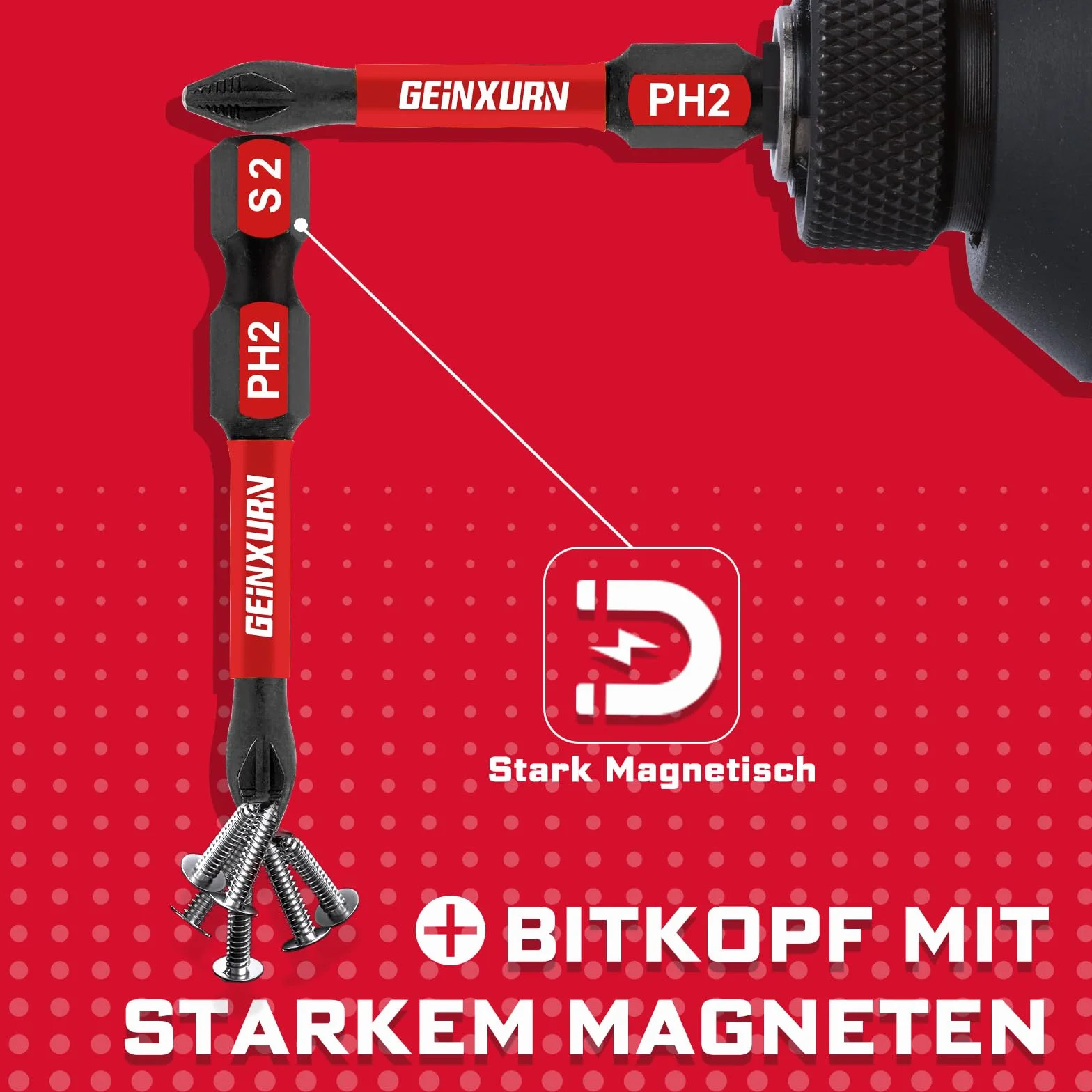 Geinxurn 20 sztuk wkrętaków magnetycznych #2 Phillips 25 mm PH2 bity antypoślizgowe, 1 uchwyt do bitów 60 mm, stal stopowa S2, trzpień sześciokątny 1/4 cala, zestaw bitów