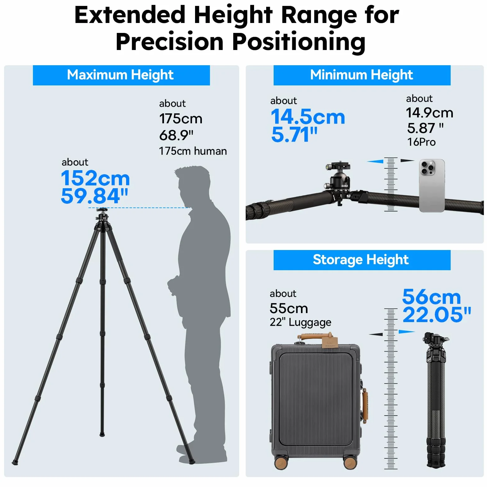 SIRUI Heavy-Duty Statyw do aparatu z włókna węglowego, 152 cm Profesjonalny statyw z głowicą kulową o niskiej temperaturze 360°, lekki i przenośny, obciążenie do 20 kg, AM-324S+G1