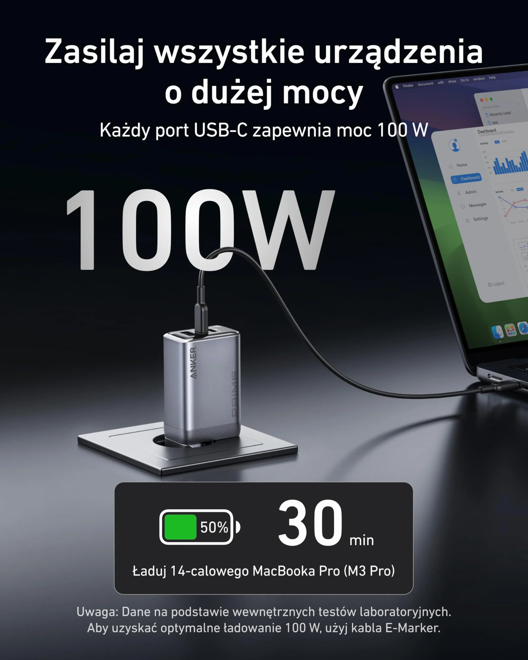 Anker Prime ładowarka, 100 W USB-C ładowarka 3 porty GaN, składana i kompaktowa do MacBook, iPad, iPhone modeli iPhone 16, Galaxy S24/S23 i wielu innych