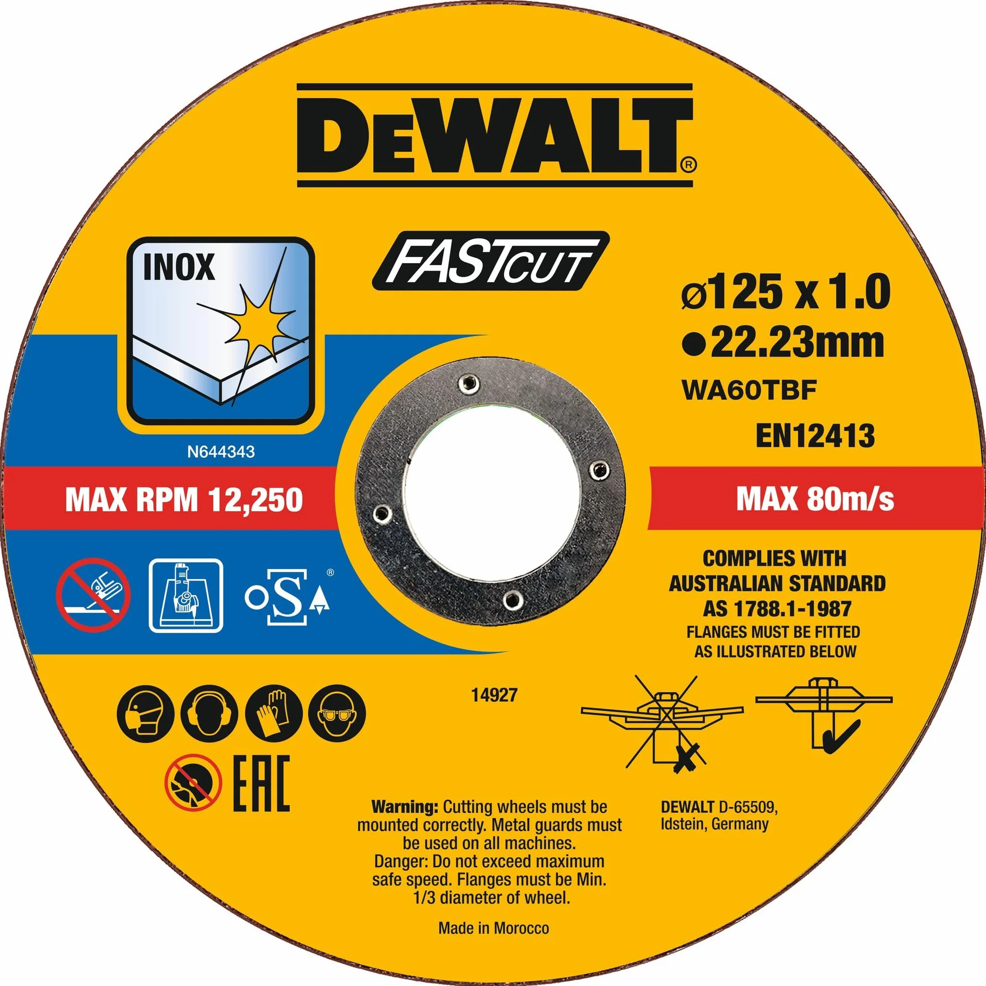 Dewalt High Performance tarcze tnące DT20540 (Ø 125 mm x 1,0 mm, typ 41 (płaskie), otwór 22,23 mm, do stali Inox, z tlenkiem glinu, do stosowania na szlifierkach kątowych, 100 sztuk w wiaderku)