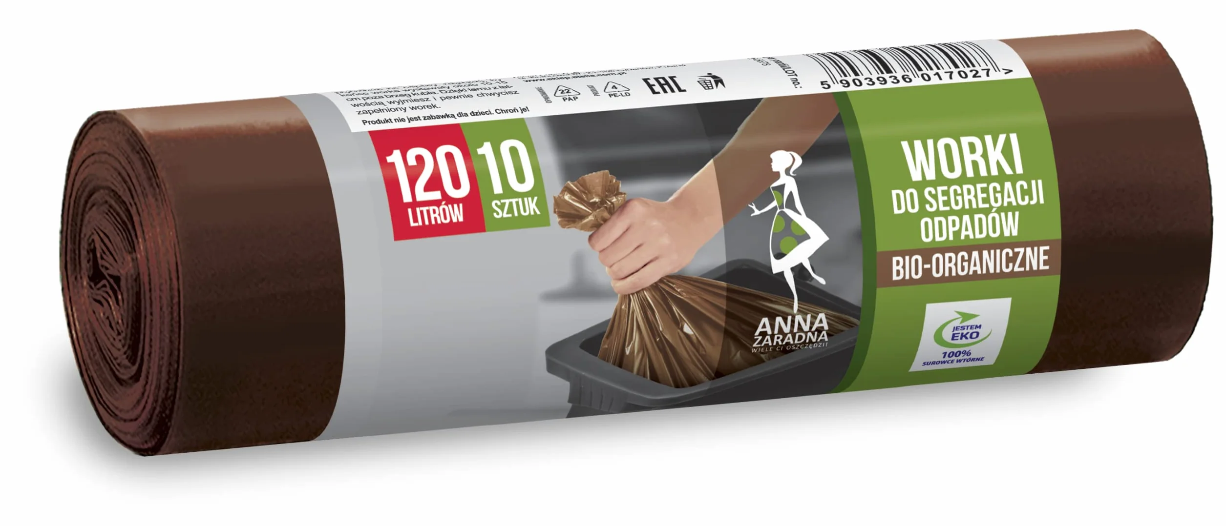 ANNA ZARADNA ekologiczne worki na śmieci do segregacji odpadów BIO, odporne na rozerwanie, 120 l, 10 sztuk, wykonane z grubej folii LDPE, kolor: brązowy