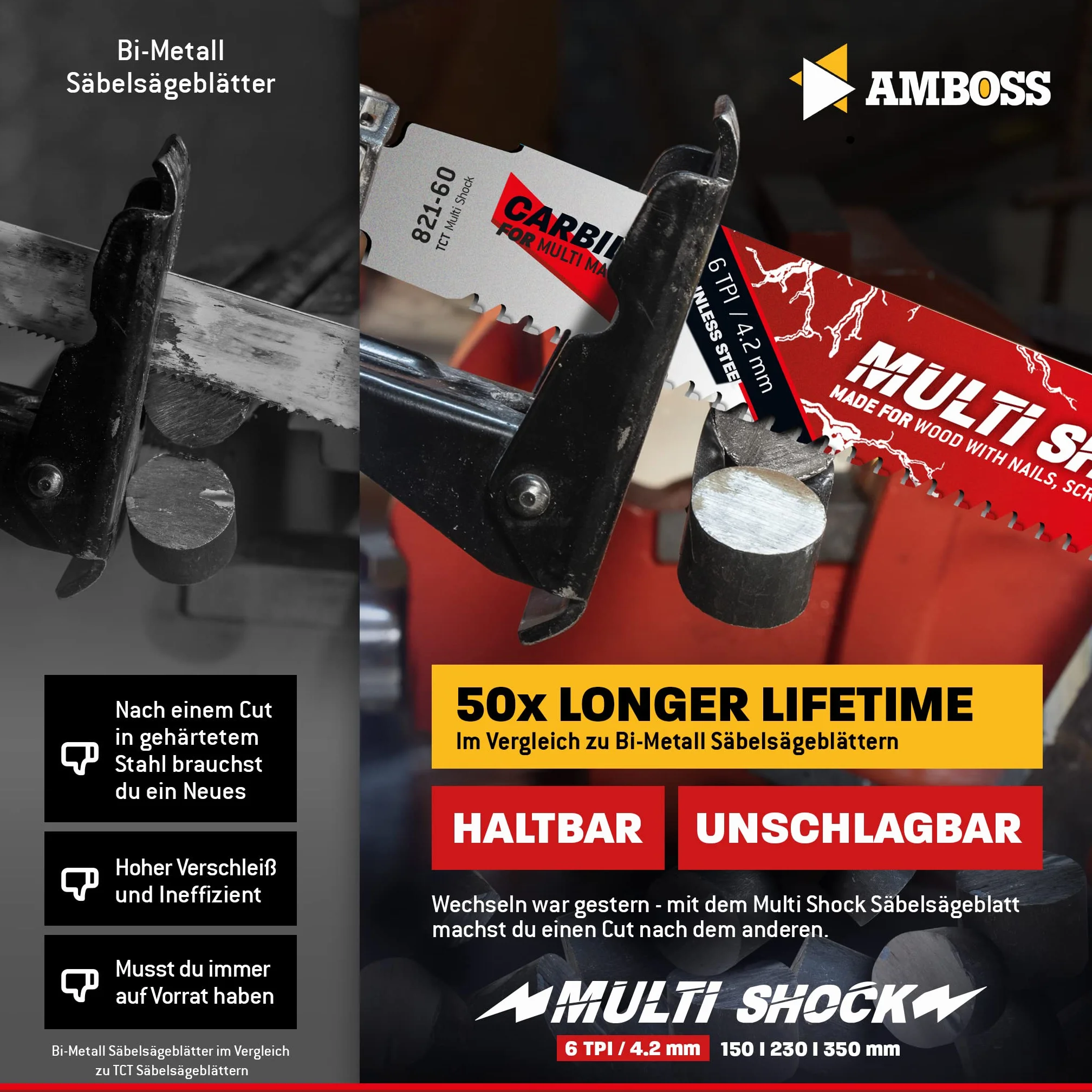 AMBOSS MULTI SHOCK – 10 x brzeszczot do piły szablastej długość 150 mm / 6 ZpZ – idealny do drewna z gwoździami i drewnem ze śrubami oraz stalą – wiele materiałów