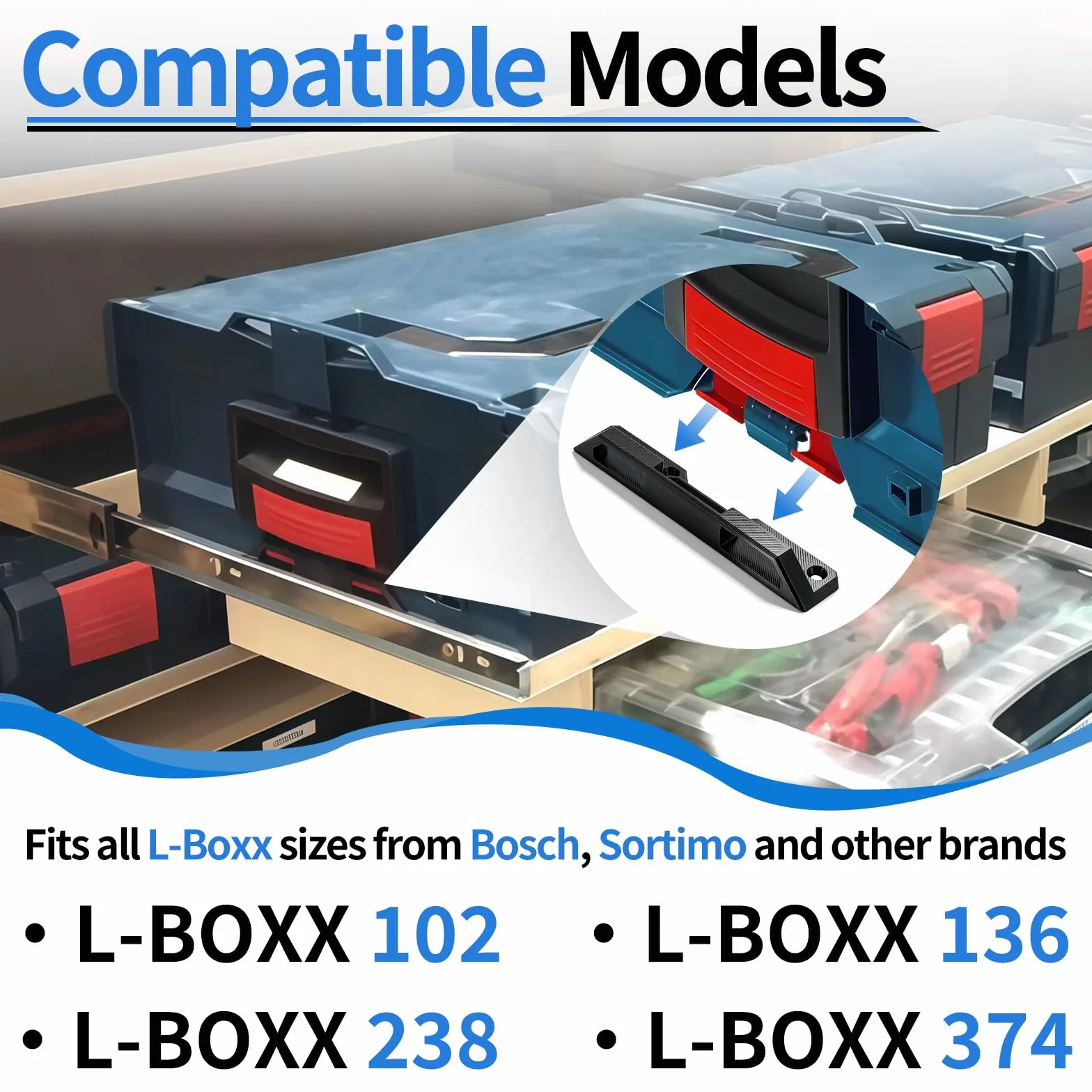 Uchwyt do walizki narzędziowej Bosch L-BOXX – uchwyty do skrzynek narzędziowych Bosch Sortimo L-BOXX 136, 102, 238, akcesoria do skrzynek narzędziowych, uchwyt walizki narzędziowej do zabezpieczenia i