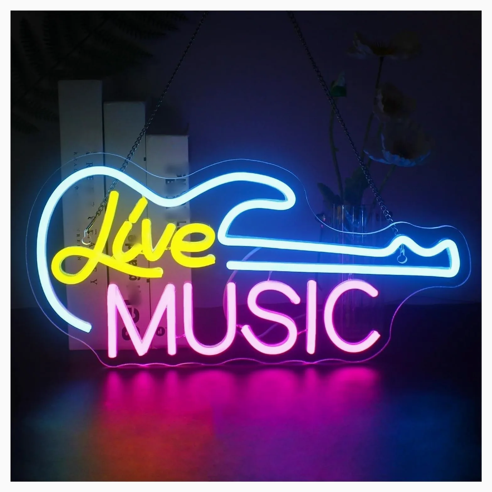 Wiszące neony artystyczne Neon "Live Music"Gitara Muzyka Dekoracja Ścienna Lampy Do Pokoju Bar Studio Impreza Klub Dekoracyjny 20.5x42cm