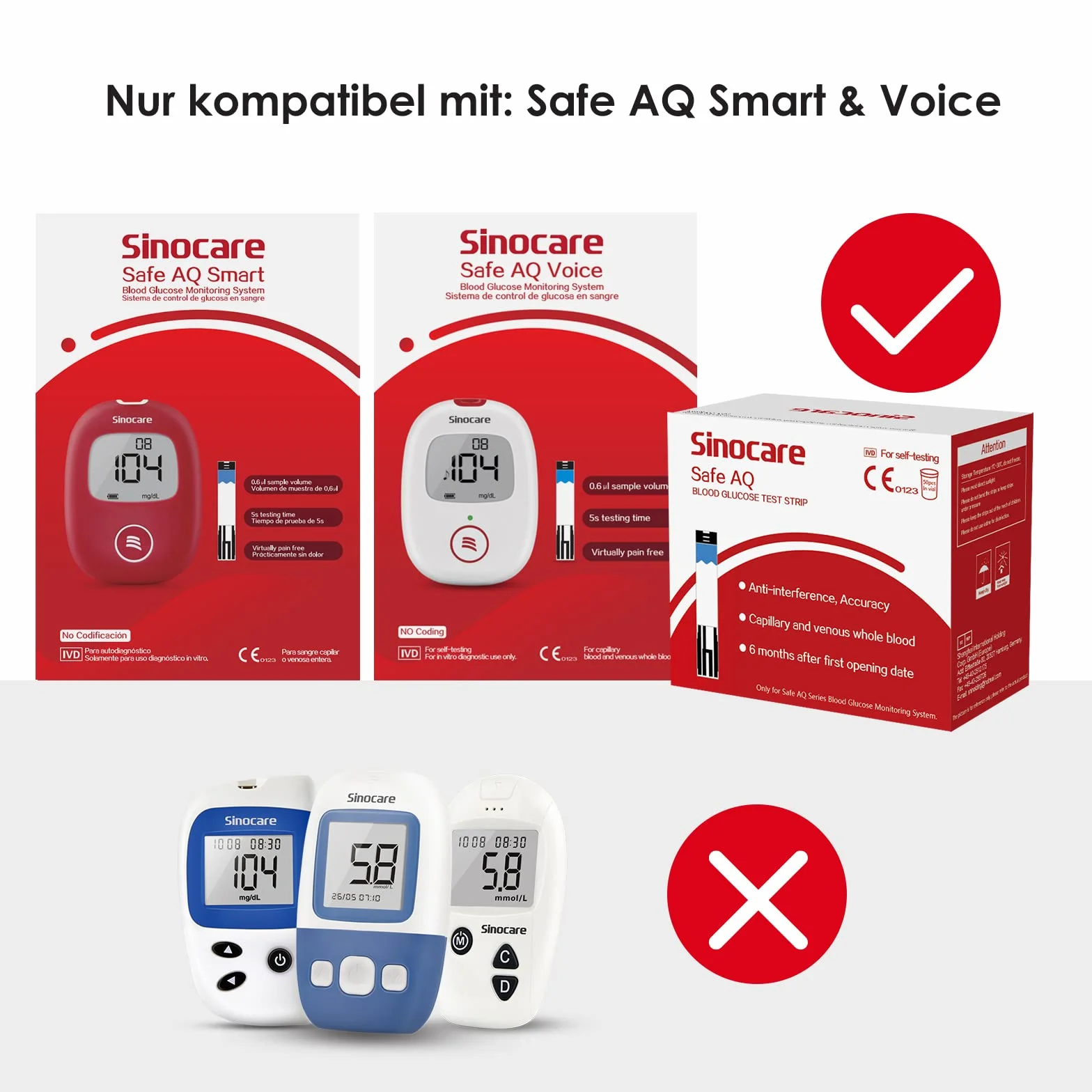 sinocare Paski do testowania cukru we krwi x 50 i lancet x 50, Codzienna kontrola poziomu cukru we krwi dla diabetyków (tylko dla Safe AQ Smart i Safe AQ Voice)