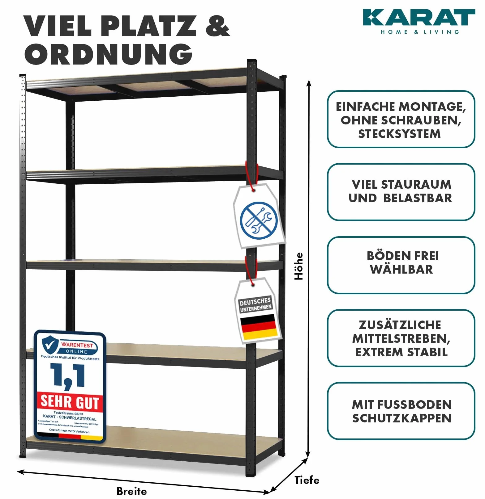 KARAT Regał do dużych obciążeń, zestaw 2 szt. – regał wtykowy, do piwnicy, regał magazynowy – 5 regulowanych półek (czarny, 50 x 100 x 200 cm)