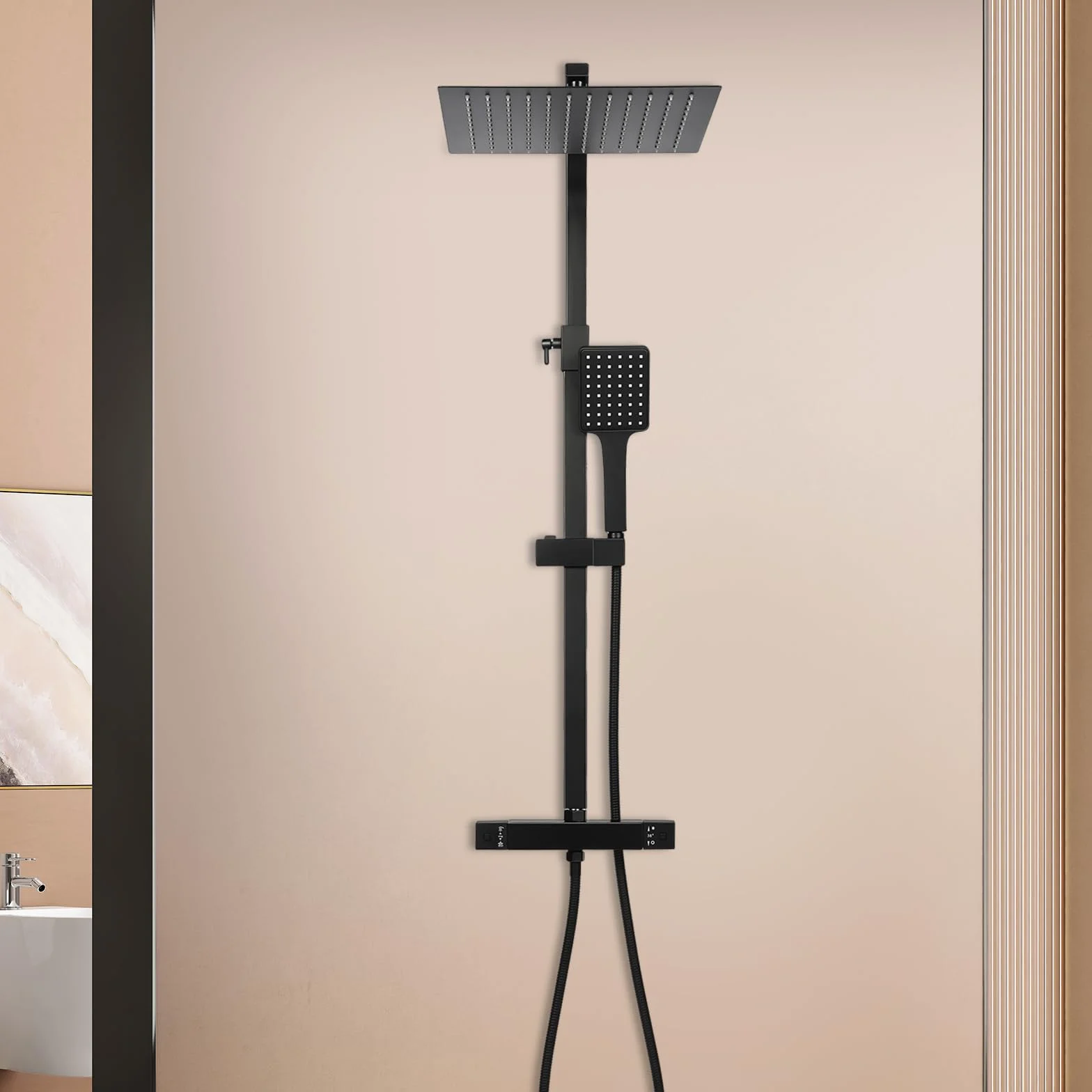Czarna bateria prysznicowa z termostatem, deszczownica, system deszczownicy może być zainstalowany w mieszkaniach, łazienkach, szkołach, spa, hotelach, trwała wydajność, funkcja termostatu, łatwa