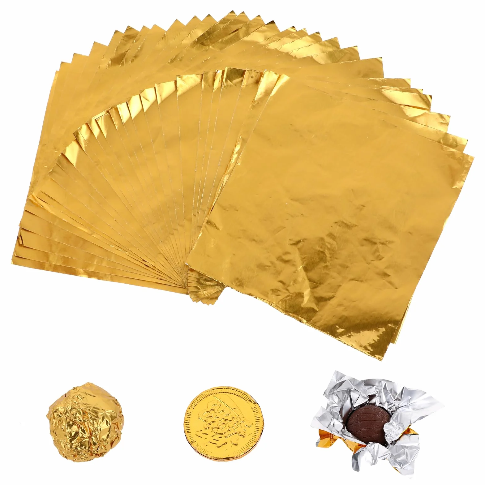 Zestaw 100 sztuk złotych opakowań z folii papierowej, 10 x 10 cm kwadratowe złote aluminiowe folie do cukierków, papier do opakowywania cukierków czekoladowych, opakowanie z folii aluminiowej