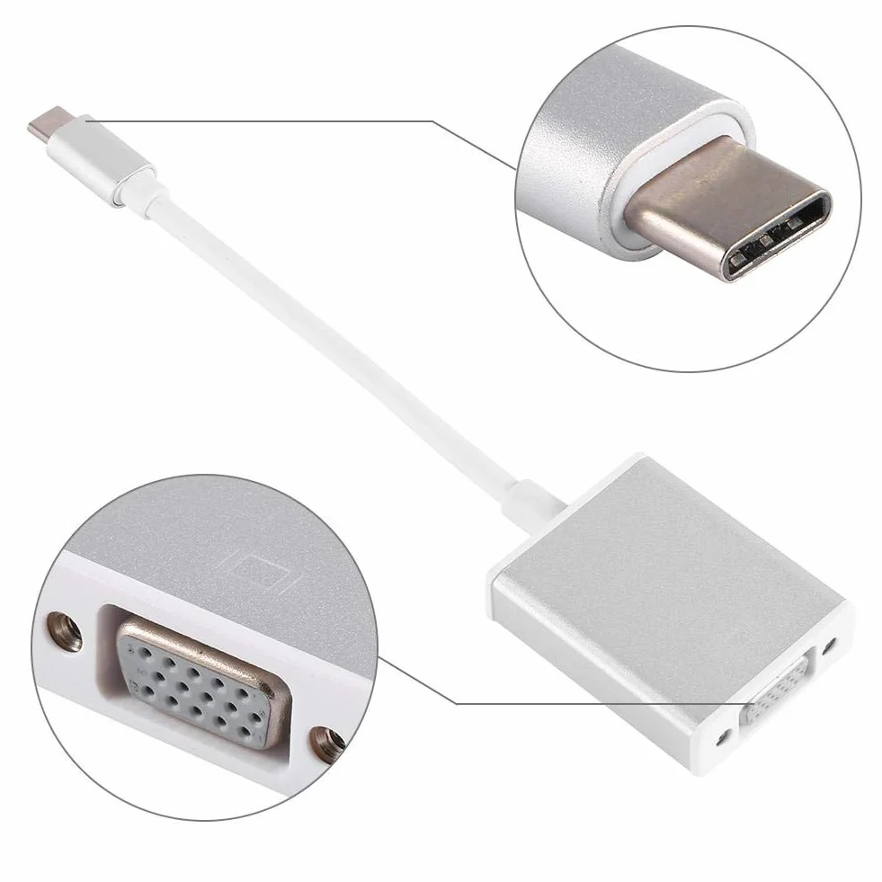USB-C-zu-VGA-Adapter, USB 3.1 10-Gbit/s-Hochgeschwindigkeitsdatenrate zu HDMI-DVI/VGA-Port-Monitor-Projektor Laufwerksfreier Konverter für Serien(Silber)