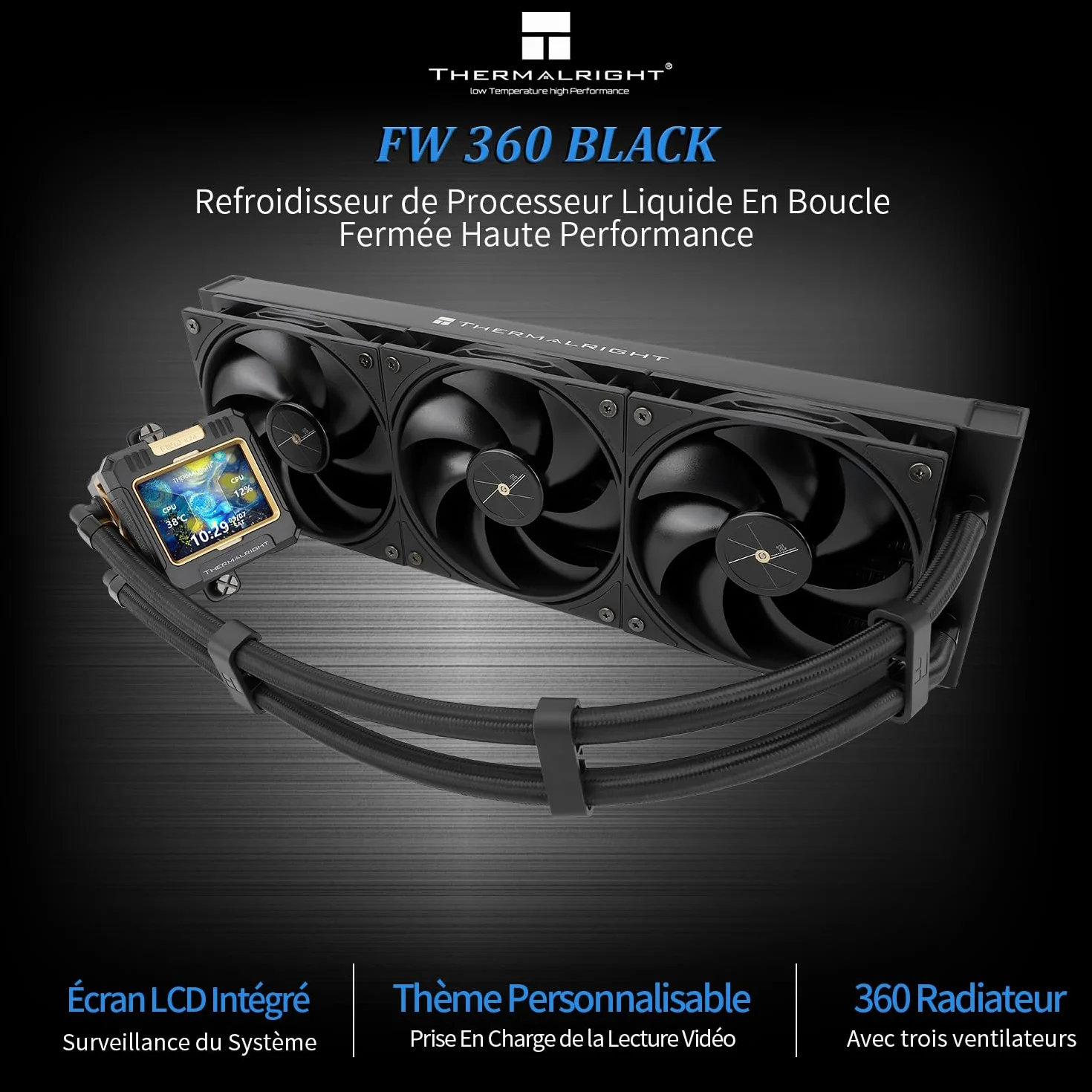 Thermalright FW 360 Czarny procesor, chłodzenie wodne, chłodzenie 360 AIO, ekran LCD o rozdzielczości IPS 320 x 240, chłodnica procesora AMD/Intel LGA1700/AM4/AM5, AIO Chłodzenie wodą