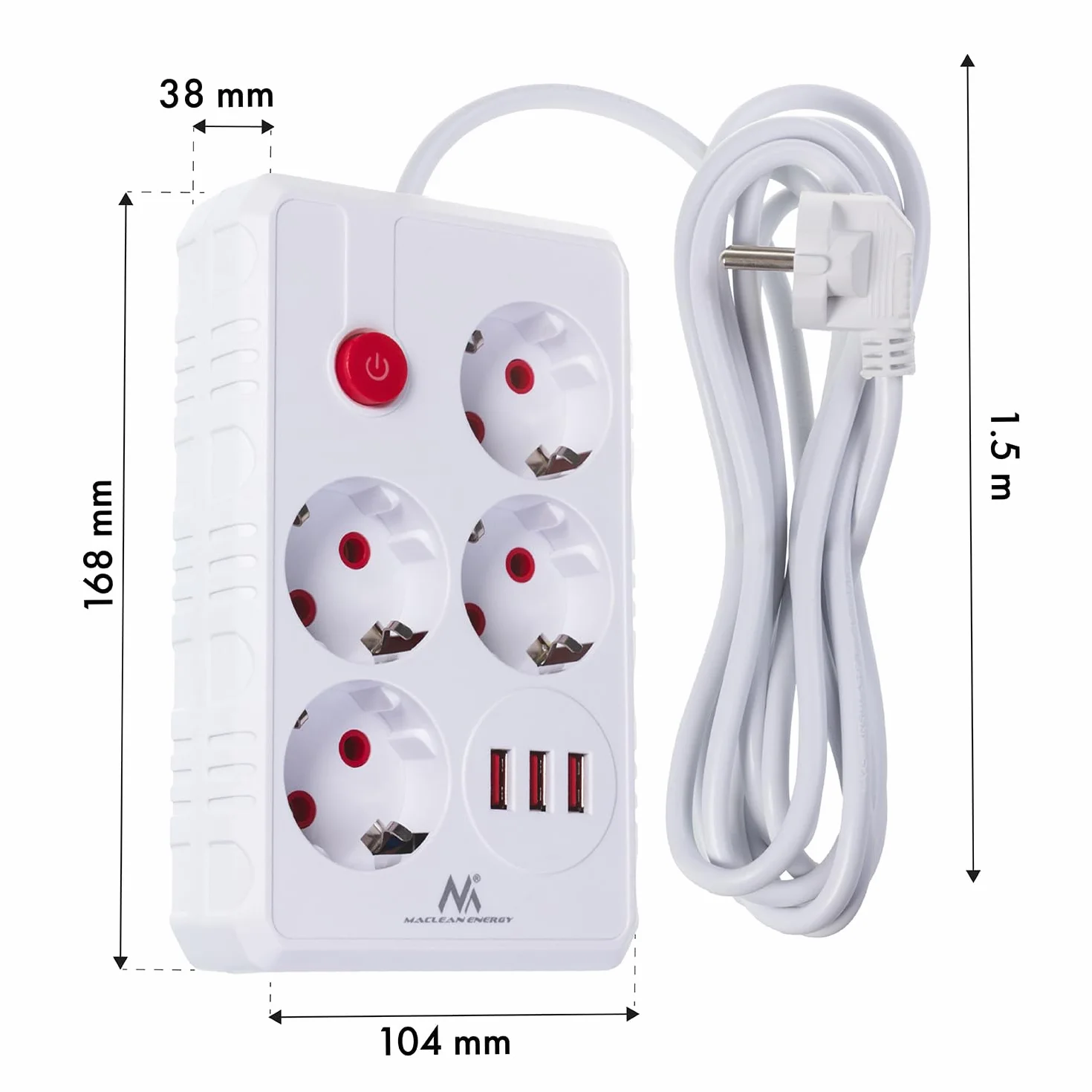 Listwa zasilająca Maclean MCE392/393 4 gniazda 3xUSB 2500W kabel 1,5 m gniazda wygięte pod kątem 45° podświetlany wyłącznik Biały