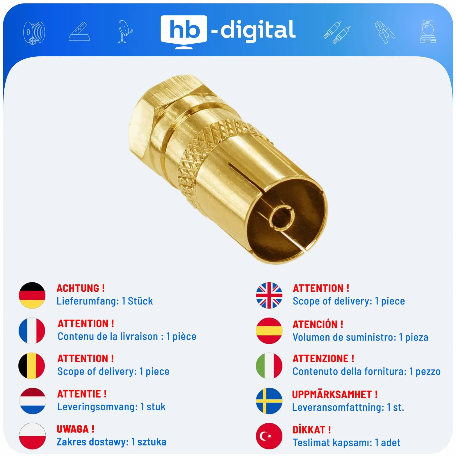 HB-DIGITAL Adapter Antenowy SAT: Wtyk F do Gniazda IEC - Złącze Satelitarne DVB-S/S2 Męskie do Telewizji Kablowej/Naziemnej Żeńskie - Koncentryczne Złącze TV Pozłacane