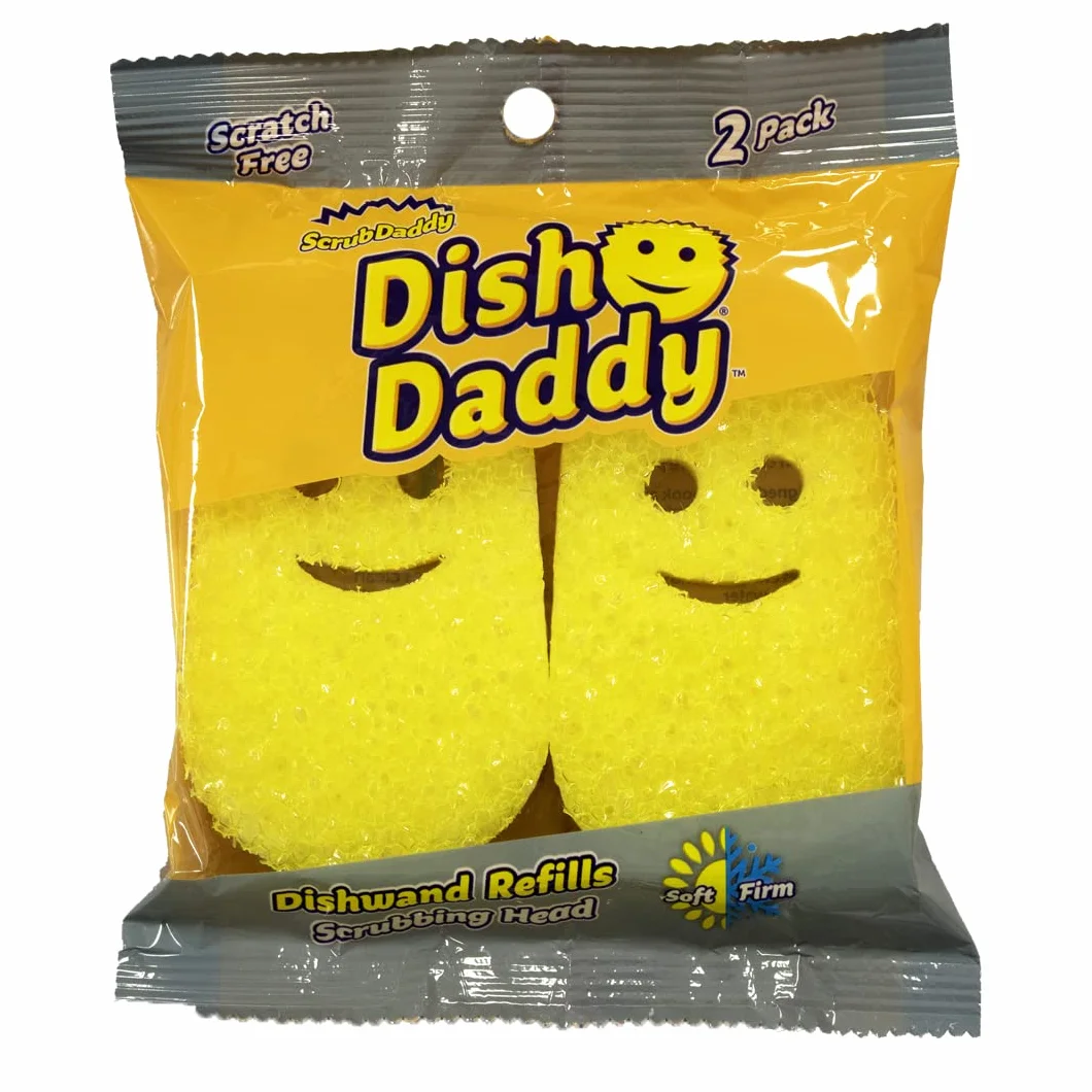 Scrub Daddy Szczotka do mycia naczyń z uchwytem na mydło, głowice uzupełniające, gąbka i głowica łącznika, zmieniająca teksturę gąbka do mycia naczyń z uchwytem w płynie, wbudowany skrobak, żółty