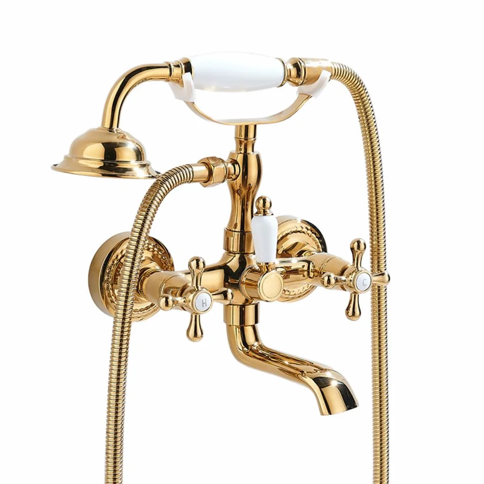 Retro mosiężny naścienny kran wannowy z prysznicem ręcznym tradycyjny podwójny uchwyt bateria wannowa 150 cm wąż eleganckie złote wykończenie idealny do łazienki