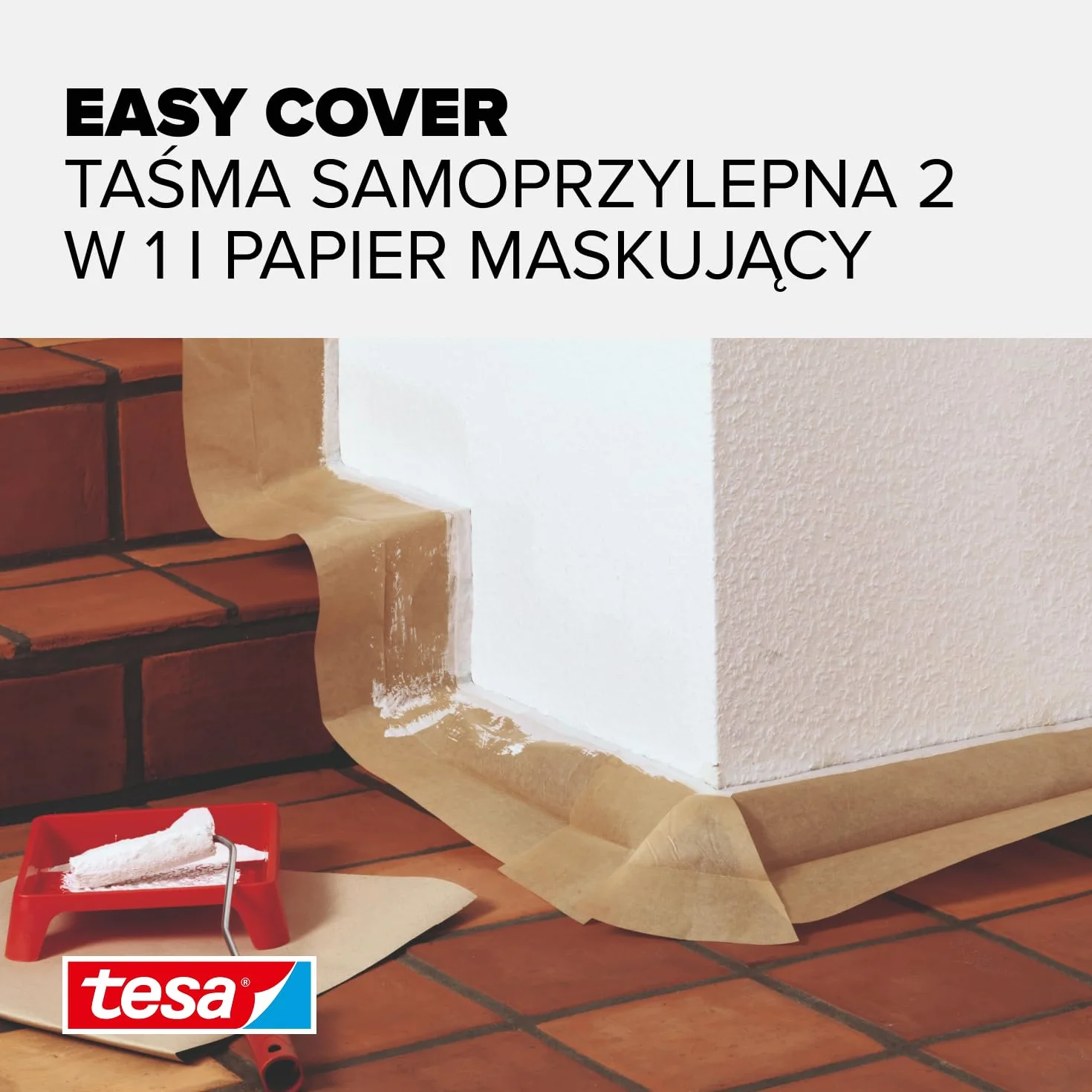 tesa papier Easy Cover UNIVERSAL - papier malarski 2w1 z samoprzylepną taśmą maskującą do prac malarskich i remontowych - 25m x 18cm