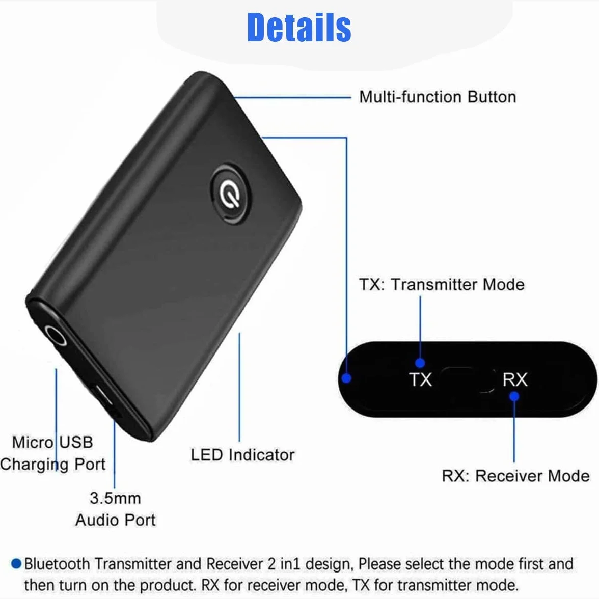 Nadajnik Bluetooth 5.0 2 w 1, Adapter Bluetooth z Gniazdem 3,5 mm APTX i USB, Kompatybilny z TV/PC/Stereo Maiso