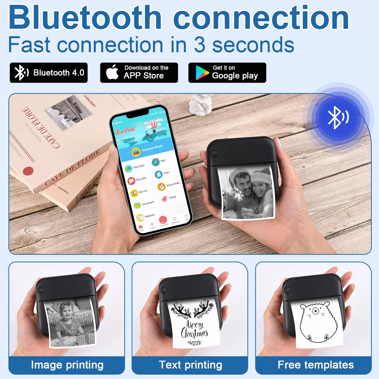 GuKKK Mini drukarka, mobilna drukarka fotograficzna, przenośna mini drukarka fotograficzna, bezprzewodowa drukarka fotograficzna, drukarka Bluetooth, pomoc w nauce, notatki, dziennik, notatki