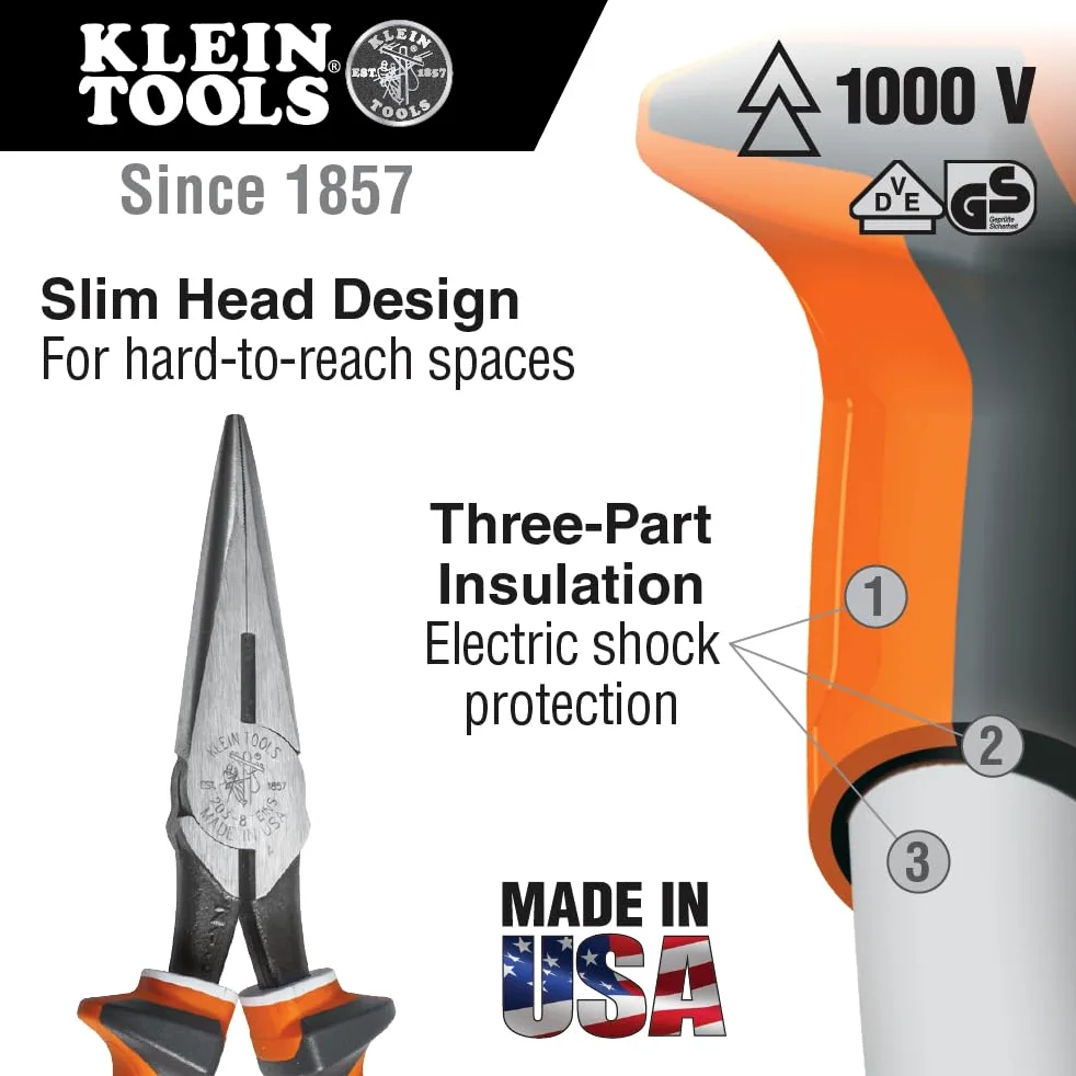Szczypce boczne z długim noskiem, 2038EINS Slim Insulated KLEIN TOOLS 2038EINS