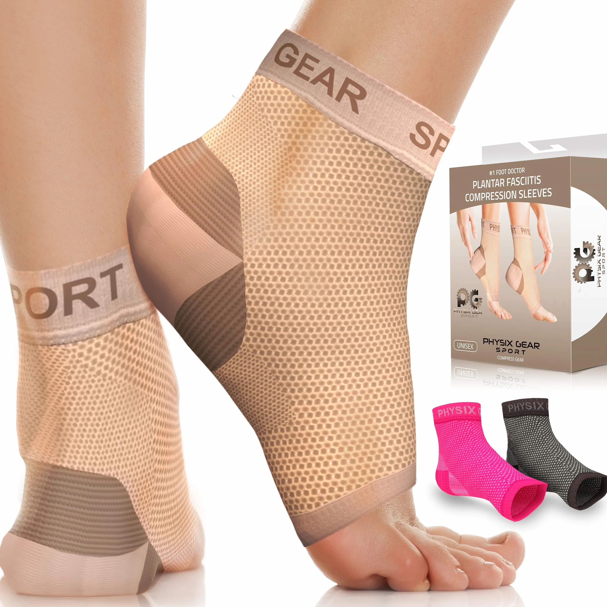 Physix Gear Skarpety kompresyjne do zapalenia powięzi podeszwy, zastępuje opaskę na podeszwę, do łączenia z płaską podeszwą, buty ortopedyczne (1 para beżowo-L/XL)