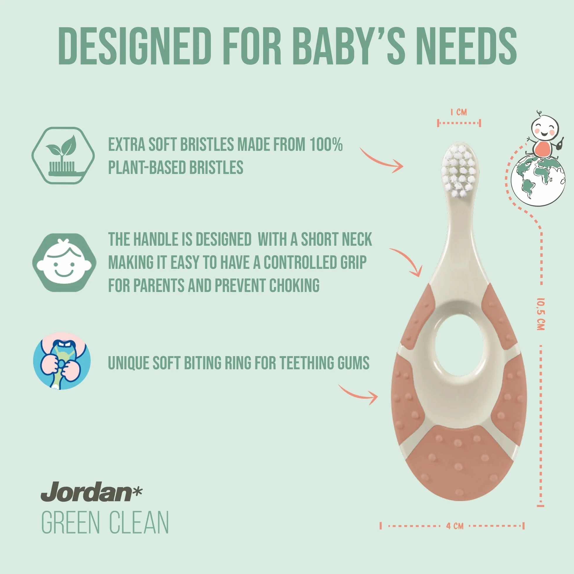 Jordan Step 1 Green Clean szczoteczka do zębów dla małych dzieci, ekologiczna, bardzo miękkie włosie, 84 uchwyty z recyklingu, miękki gryzak, mieszane kolory, opakowanie 3 szt