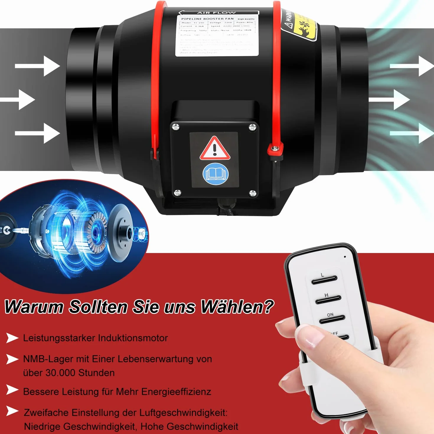Ikodm 100 mm regulowany wentylator rurowy, 320 m³/h, cichy, z pilotem zdalnego sterowania, wtyczka UE do łazienki, WC, kuchni, szklarni, namiotu, garażu