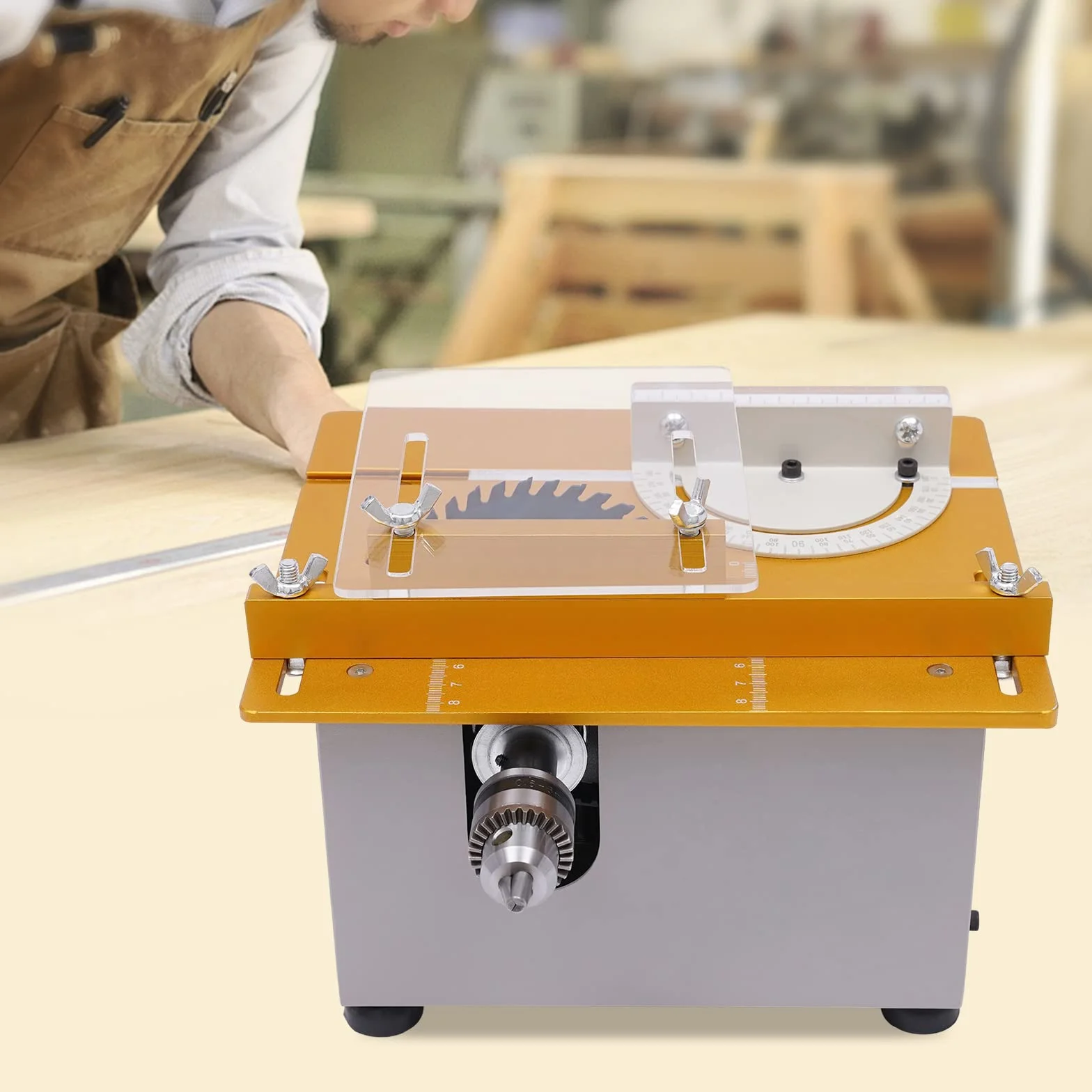 Profesjonalna mini piła stołowa z 4 ostrzami 9000 obr./min, przenośna stołowa pilarka tarczowa 300 W, elektryczna piła stołowa o grubości cięcia 0-29 mm, modelarstwo, cięcie, polerowanie