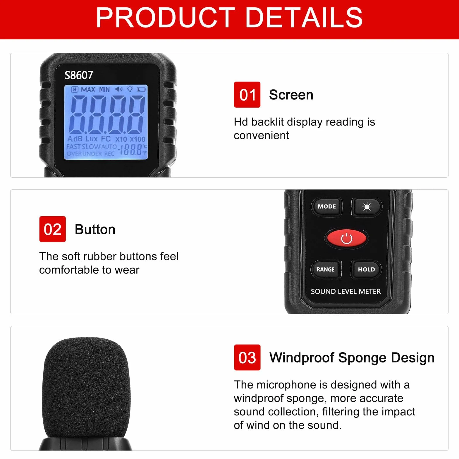 Miernik Decybeli Miernik Poziomu Dźwięku z Wyświetlaczem LCD, 30 do 130 DB Urządzenie do Pomiaru Hałasu Audio Cyfrowy Miernik Poziomu Dźwięku 31,5 Hz-8 KHz Miernik Hałasu w