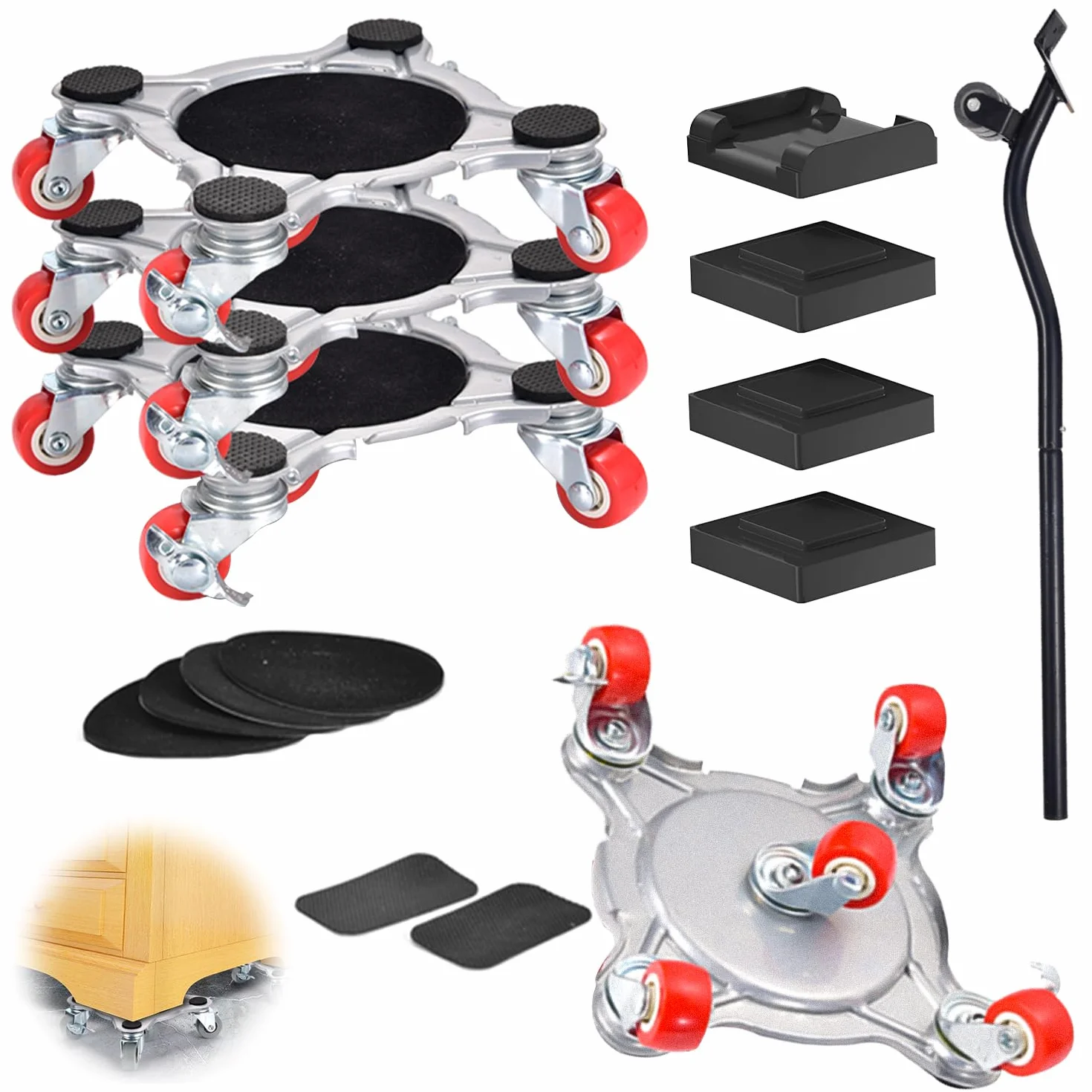 Zestaw ciężkich kółek do mebli, nośność 400 kg, stal stopowa, aluminium, 5 kółek z dźwignią i platformą podnoszącą, do umieszczania mebli i przenoszenia towarów