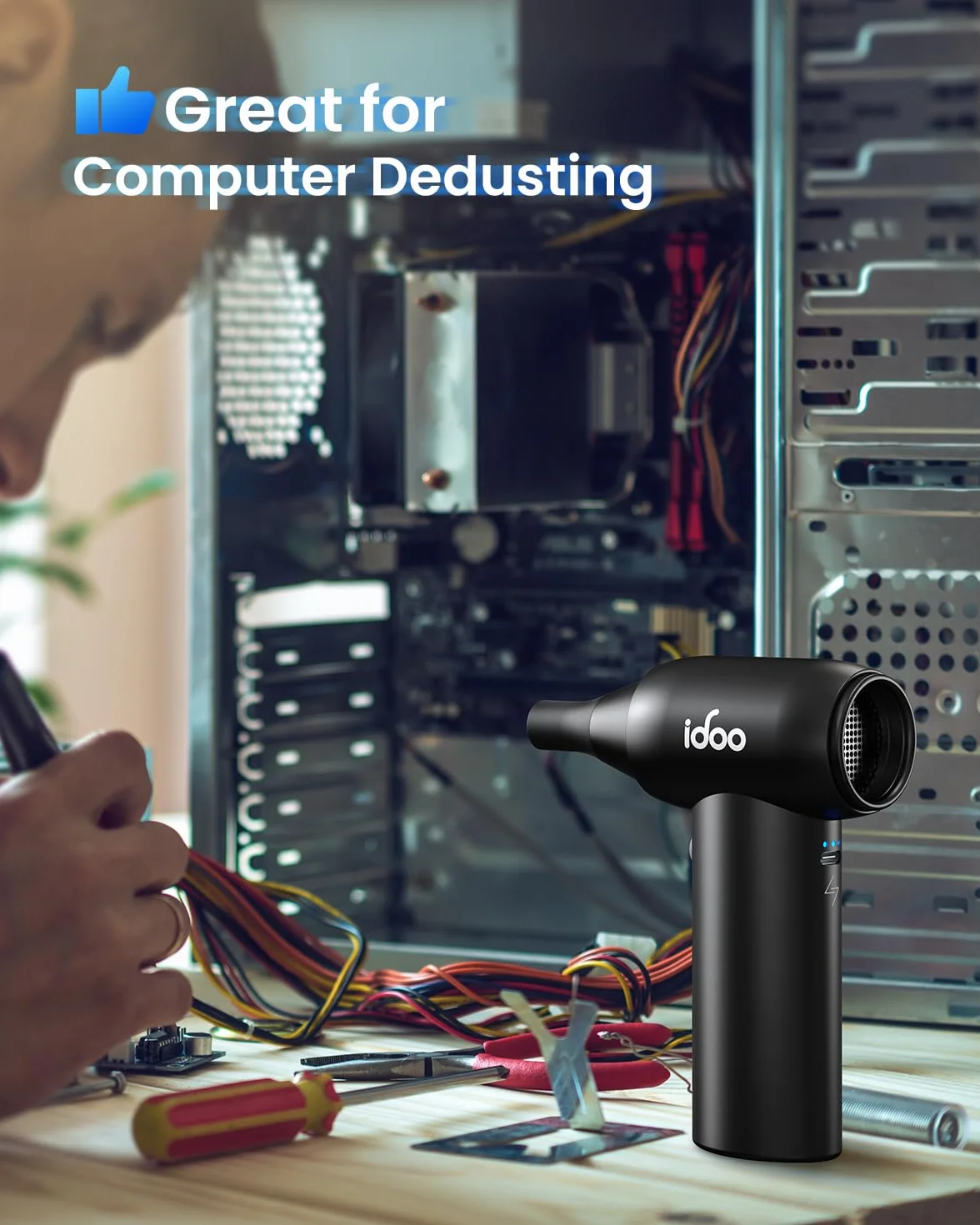 iDOO Elektryczna dmuchawa do kurzu, metalowa, 2 w 1, 3 prędkości, zestaw do czyszczenia samochodu, ze szczotką do czyszczenia i szybkim ładowaniem USB, do komputera, klawiatury, laptopa, sprężone