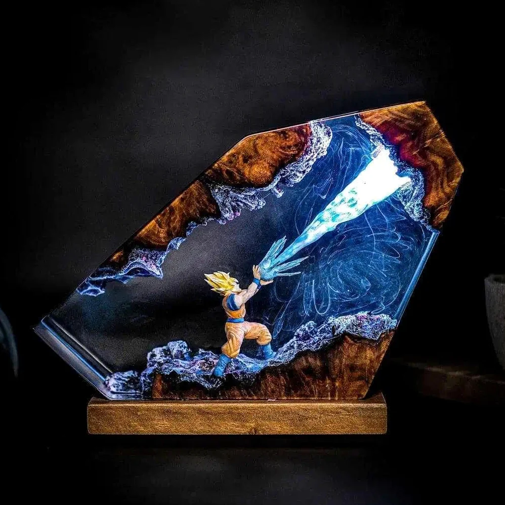 Lampka nocna 3D z żywicy Dragon Ball, żywicowy pomnik Son Goku z drewnianym cokołem, lampka nocna z kablem USB i 16 kolorową zdalnie sterowaną wielokolorową lampą LED, sztuka sztuki do biurka