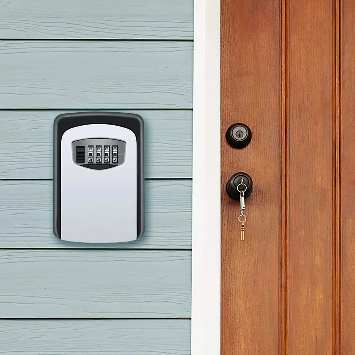 TechSafeKeyBox: sejf na klucze z zamkiem szyfrowym na ścianę, mini sejf z 4-cyfrowym kodem, skrzynka na klucze z kodem numerycznym i wstępnie nawierconymi otworami