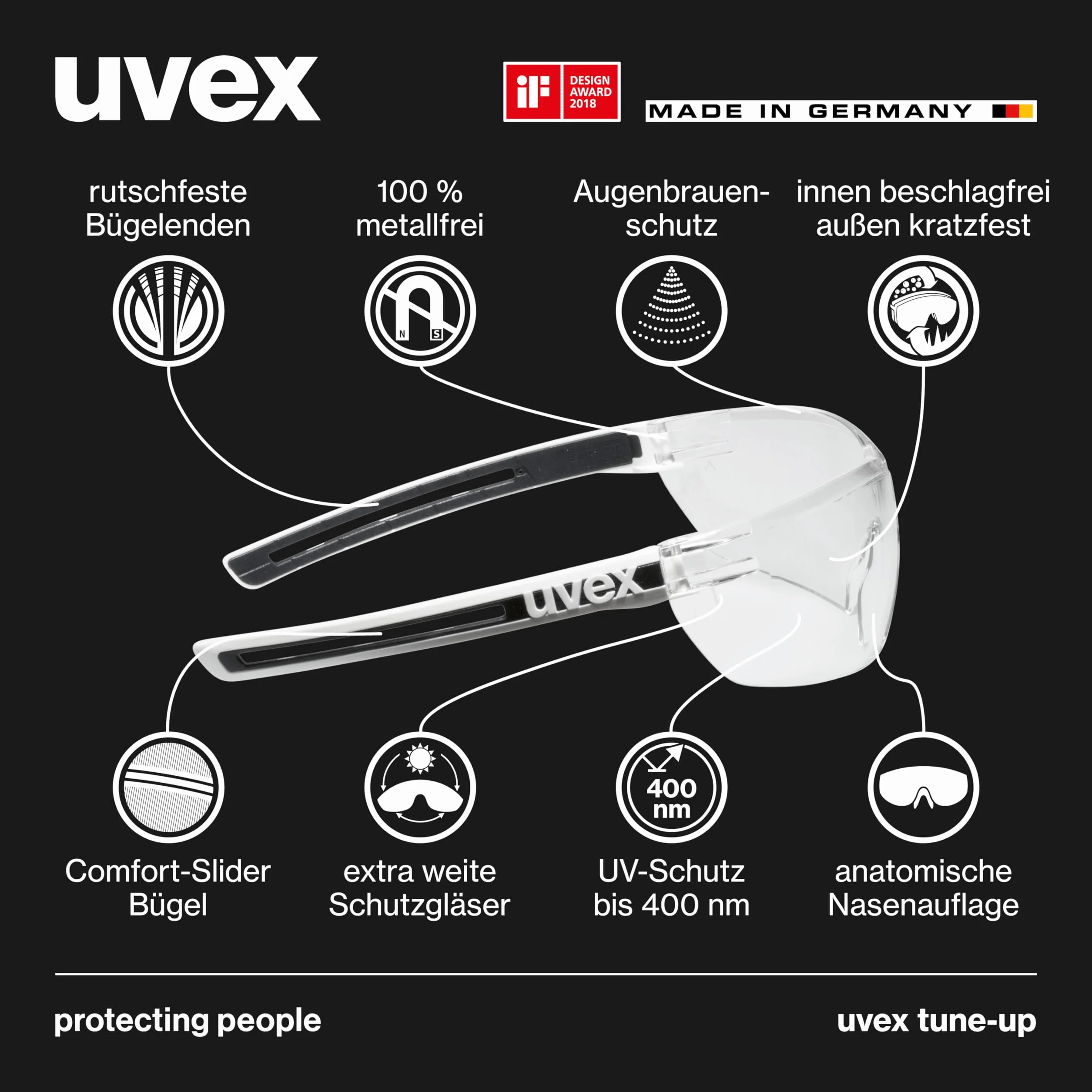 Uvex Tune-up okulary ochronne – okulary ochronne ze 100% ochroną przed promieniowaniem UV – bez metalu, odporne na zaparowanie i zarysowania – bardzo lekkie (23 g)