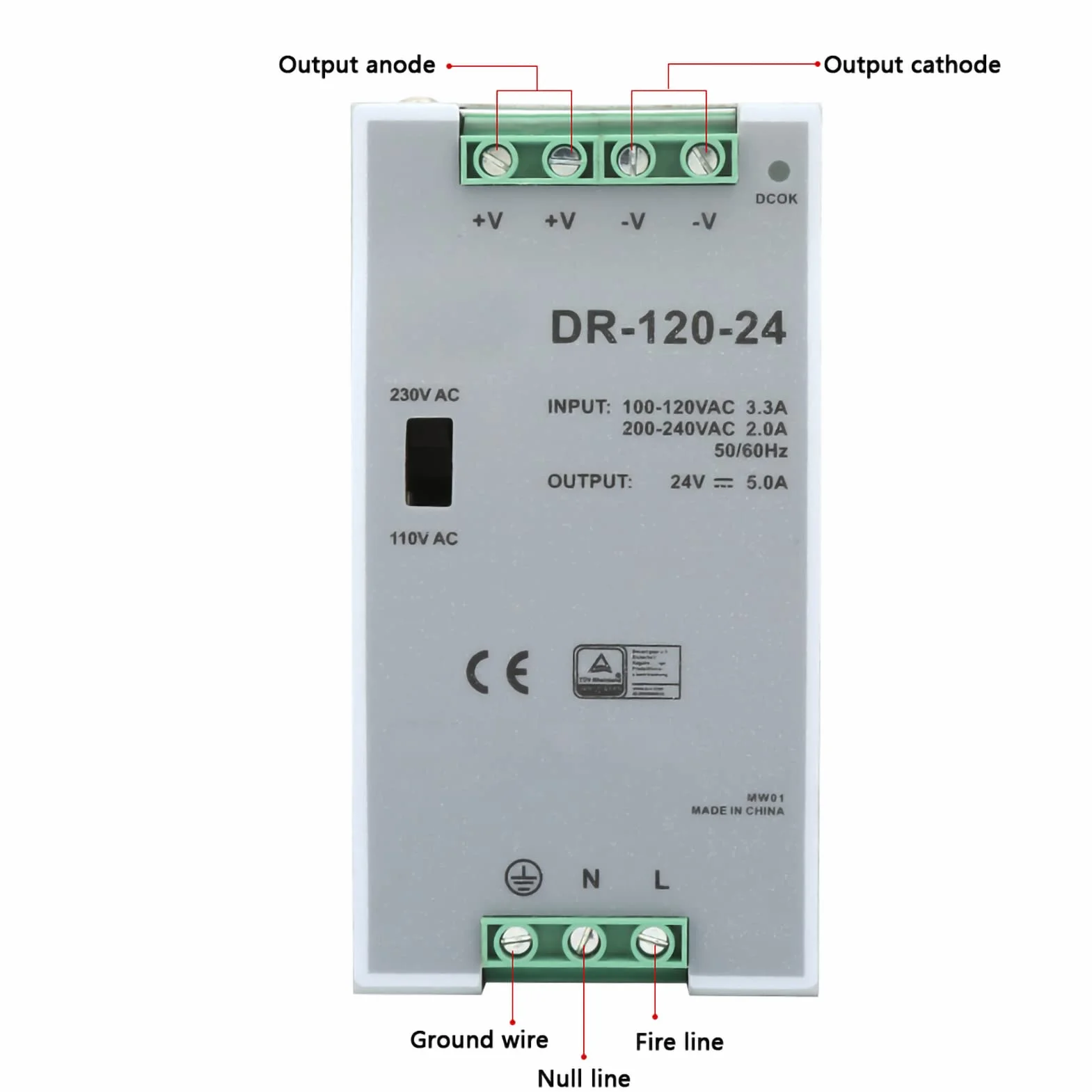 100~240 V 24 V 5 A 35 mm DIN-szynowy zasilacz impulsowy wydajna szyna AC/DC przemysłowa DIN, 120 W, źródło prądu modulacja szerokości impulsów dla przemysłu
