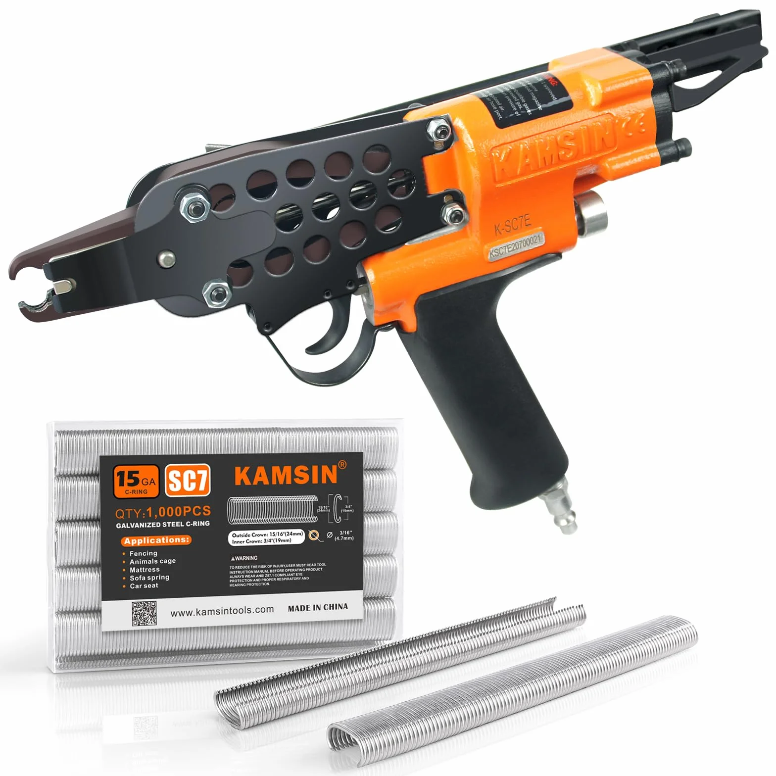 KAMSIN K-SC7E Zestaw pneumatycznych pierścieni wieprzowych 15 Gauge, 3/10.2 cm, korona Air Power Hog Ring Plier 7-8 mm, średnica zamknięcia, pistolet typu C, do ogrodzenia, materaca sprężynowego,