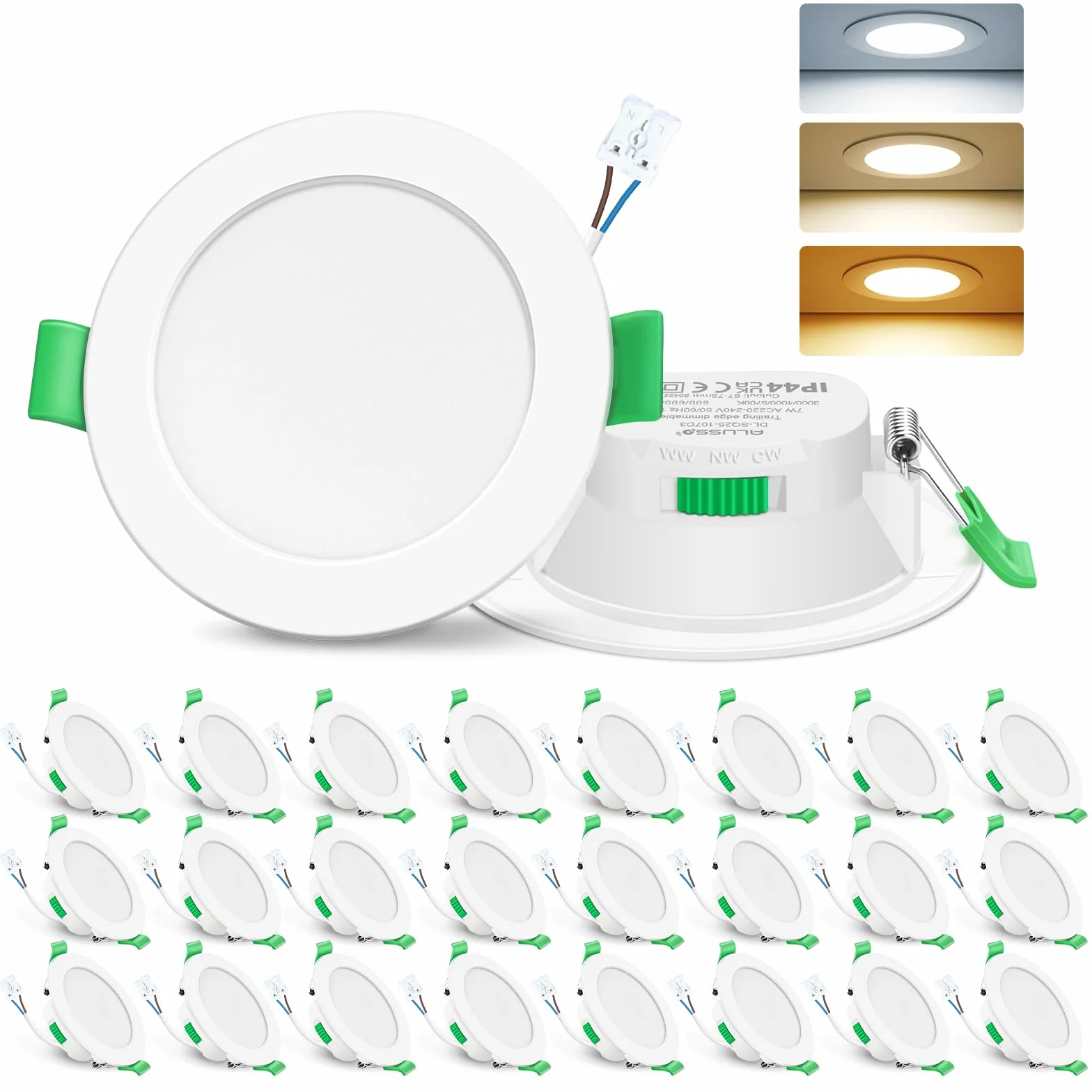 ALUSSO LIGHTING Ściemniany Punkt LED, 7W, Ciepła Biel 3000K/Neutralna Biel 4000K/Zimna Biel 6500K, Wbudowane Oświetlenie Sufitowe Extra Płaski 29mm, łazienkowy IP44, Biały, Zestaw 24 Sztuk