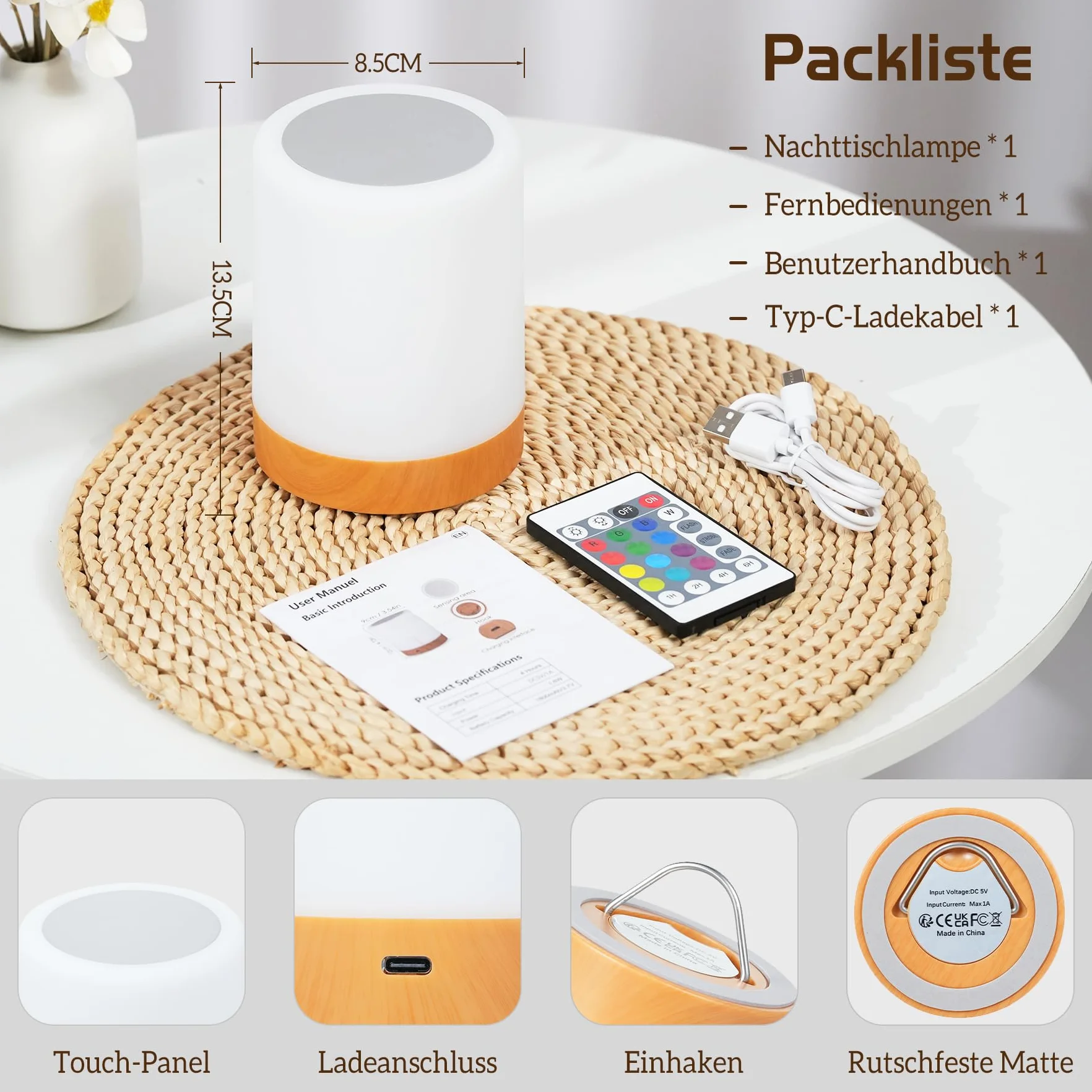 Bonsery Dotykowa ściemniana lampka nocna, bezprzewodowa lampa stołowa LED z akumulatorem USB, lampka nocna dla dzieci z zegarem i pamięcią do sypialni, łazienki, salonu