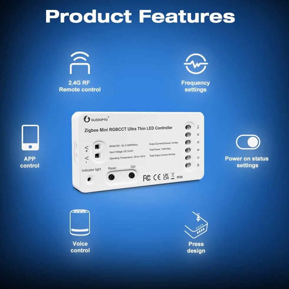 LIGHTEU®, GLEDOPTO ściemniacz Zigbee, ultracienki kontroler LED Pro Alexa Voice/Hub APP DC5-24V, GL-C-009P(mini)
