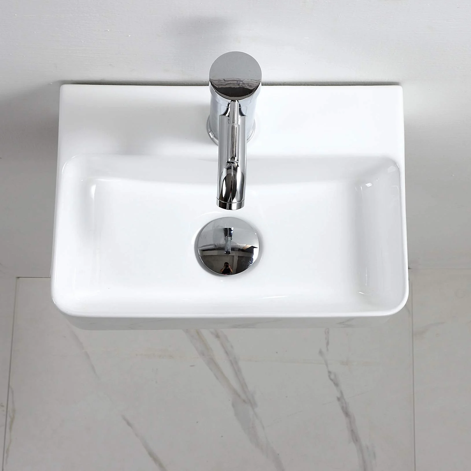 Biała ceramiczna, prostokątna, kompaktowa umywalka łazienkowa montowany na ścianie, do małej szatni, łazienki, 365 x 250 x 105 mm (styl 1)