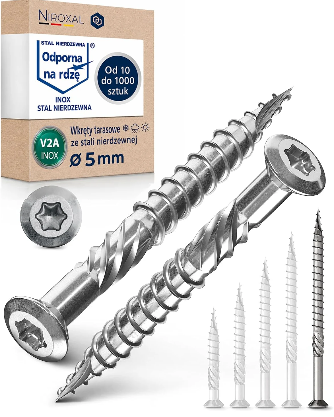 Wkręty tarasowe ze stali nierdzewnej A2 (V2A) TX25 5x80 mm – 800 szt. – Wkręty do desek tarasowych z częściowym gwintem