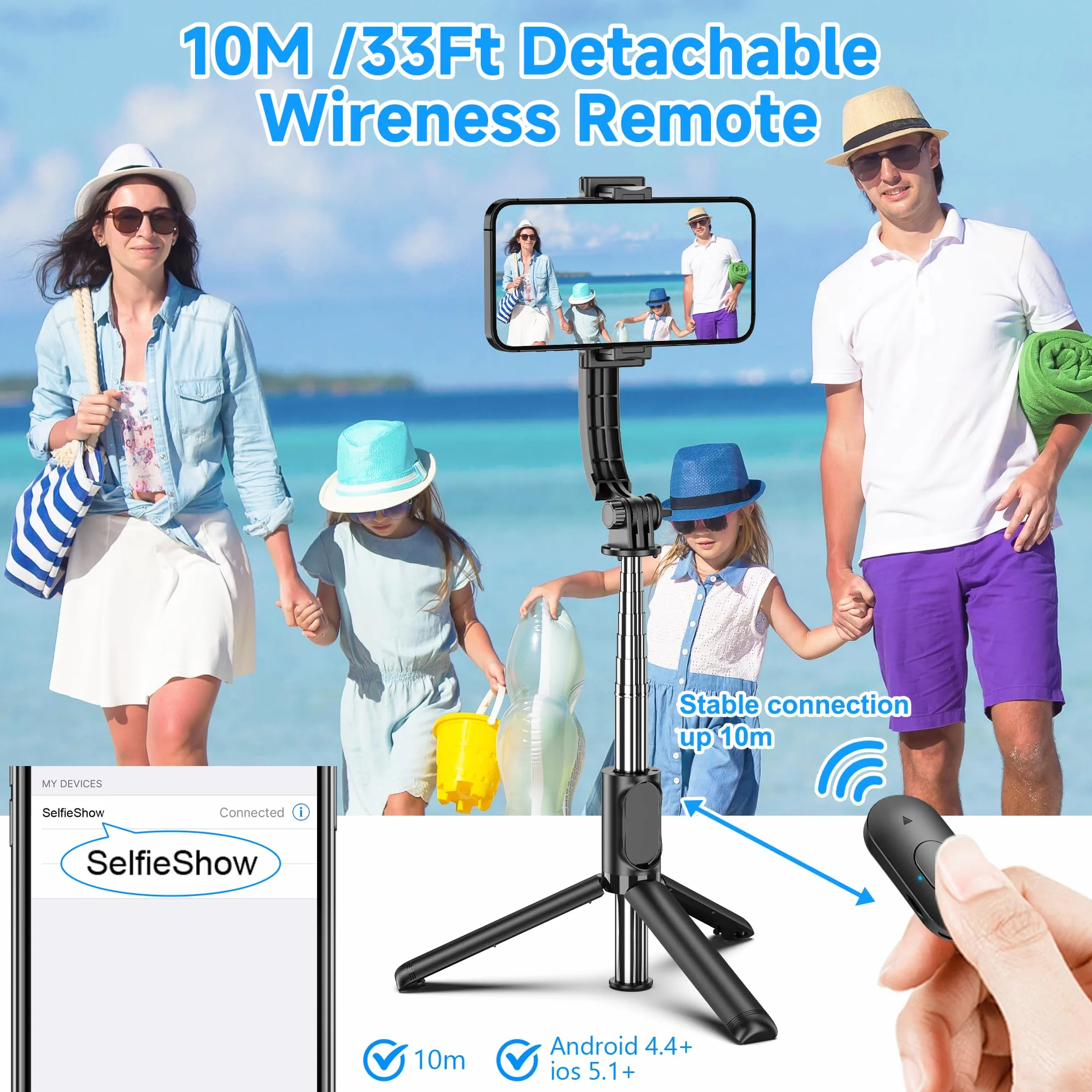 Statyw Selfie Stick rozszerzalny 101cm z bezprzewodowym pilotem do iPhone 17/16/15 Samsung Huawei