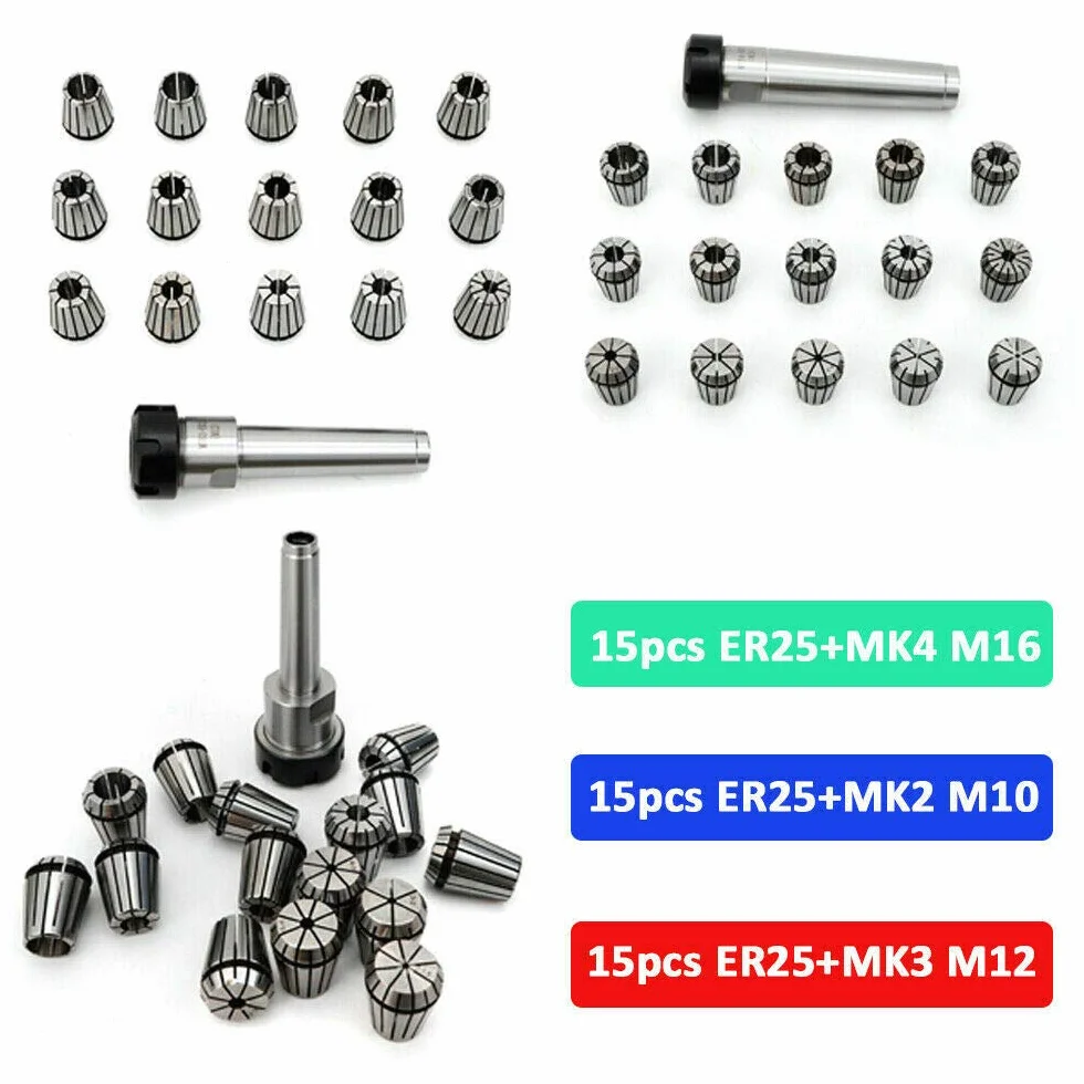 15 x zestaw tulejek zaciskowych uchwyt zaciskowy uchwyt zaciskowy z MK2 MK3 MK4 M10 M12 M16 ER25 zakres mocowania 2-16 mm (stożek: MK3)