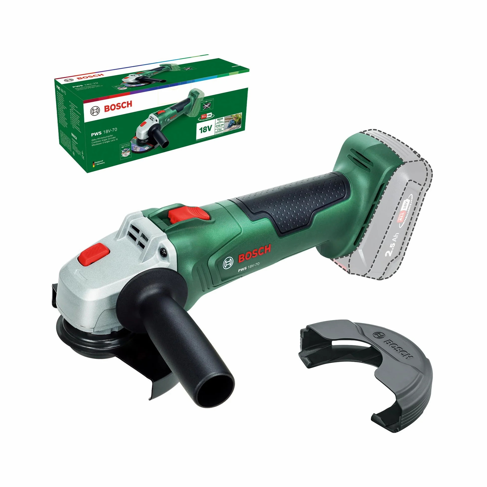 Bosch 18V System Akumulatorowa szlifierka kątowa PWS 18V-70 (do małych i średnich projektów związanych z cięciem i szlifowaniem, średnica tarczy szlifierskiej: 125 mm)