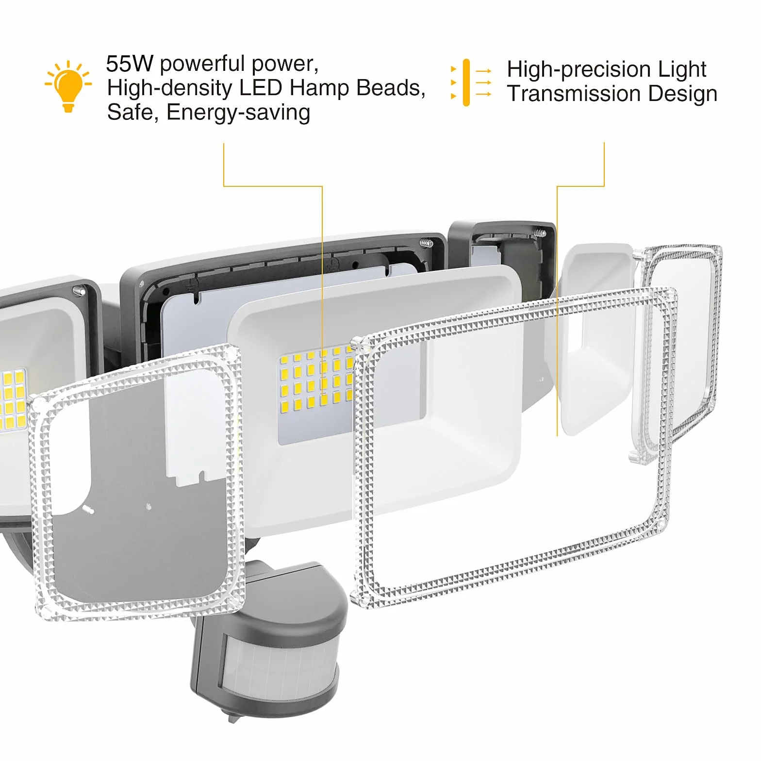 Onforu Reflektor LED z czujnikiem ruchu, zewnętrzny, 50 W, 5000 lm, z 3 regulowanymi głowicami, 5000 K, zimna biel, IP65, wodoszczelny, do garażu, ogrodu, na podwórko