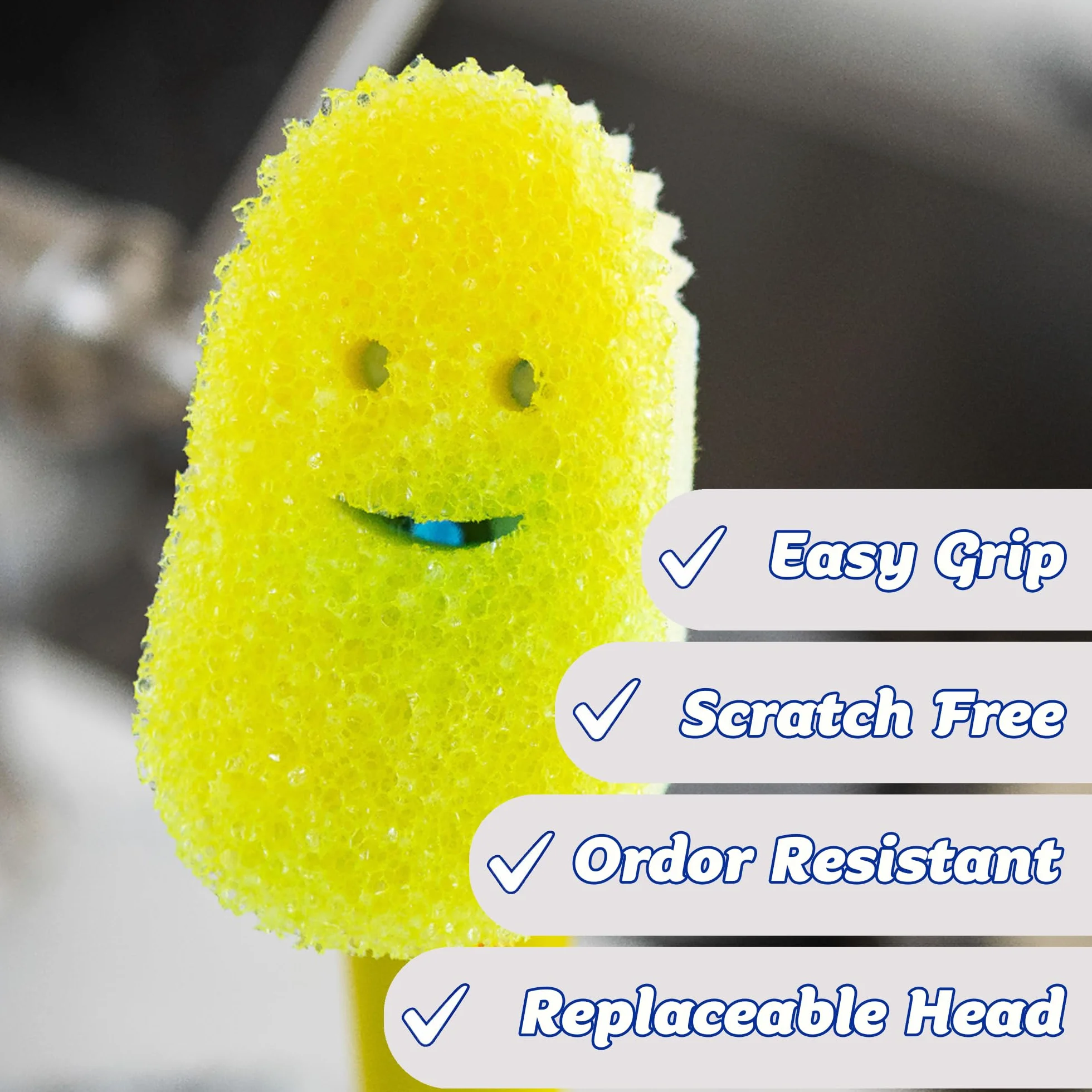 Scrub Daddy Szczotka do mycia naczyń z uchwytem na mydło, głowice uzupełniające, gąbka i głowica łącznika, zmieniająca teksturę gąbka do mycia naczyń z uchwytem w płynie, wbudowany skrobak, żółty