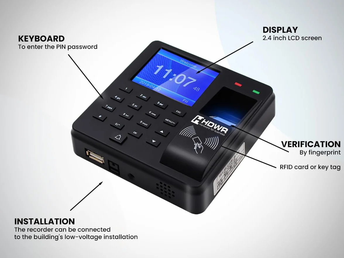 HDWR CTR10 Maszyna do podpisywania, zaawansowany system kontroli obecności - biometryczny, RFID, weryfikacja hasła - 1000 pracowników, kontrola dostępu
